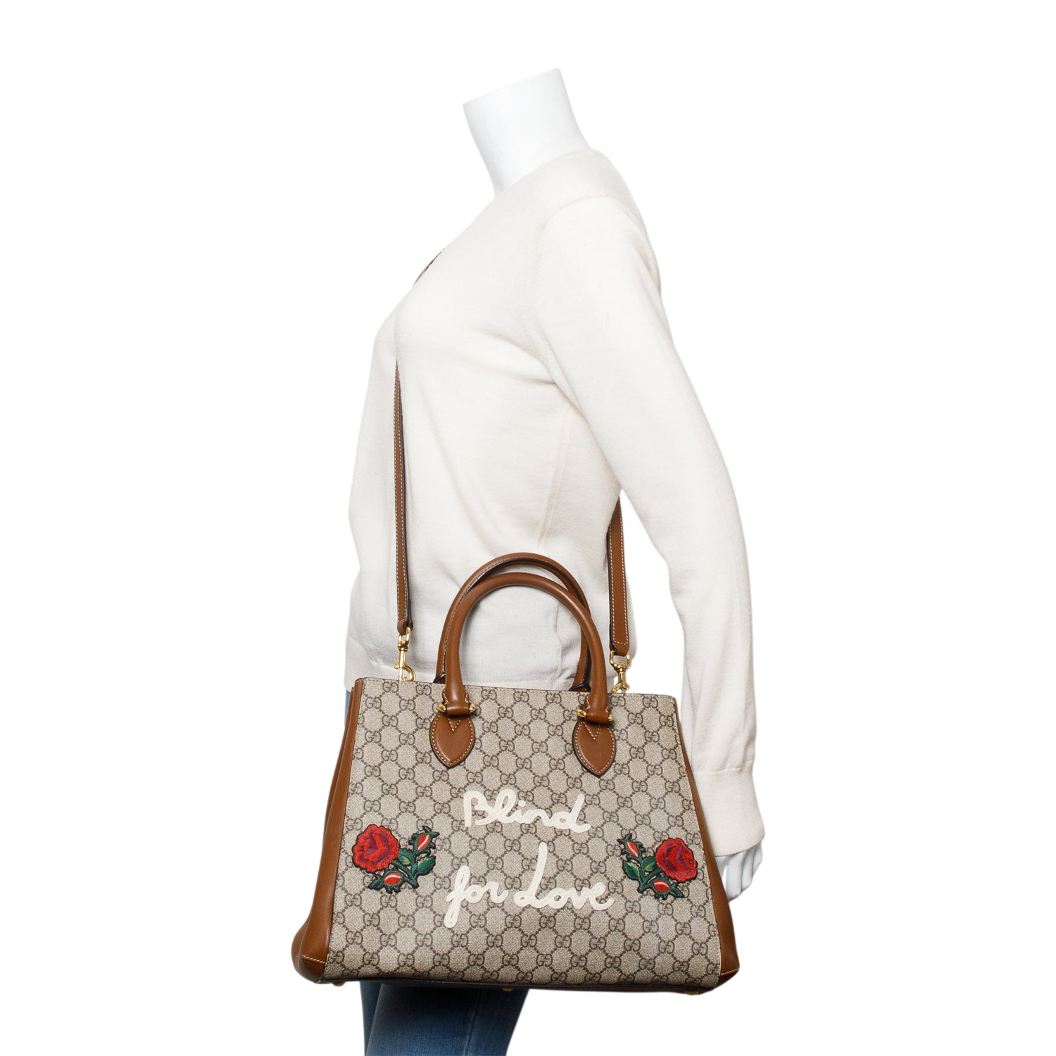 Gucci Soft GG Supreme Embroidered Blind For Love Medium Tote w/ Strap