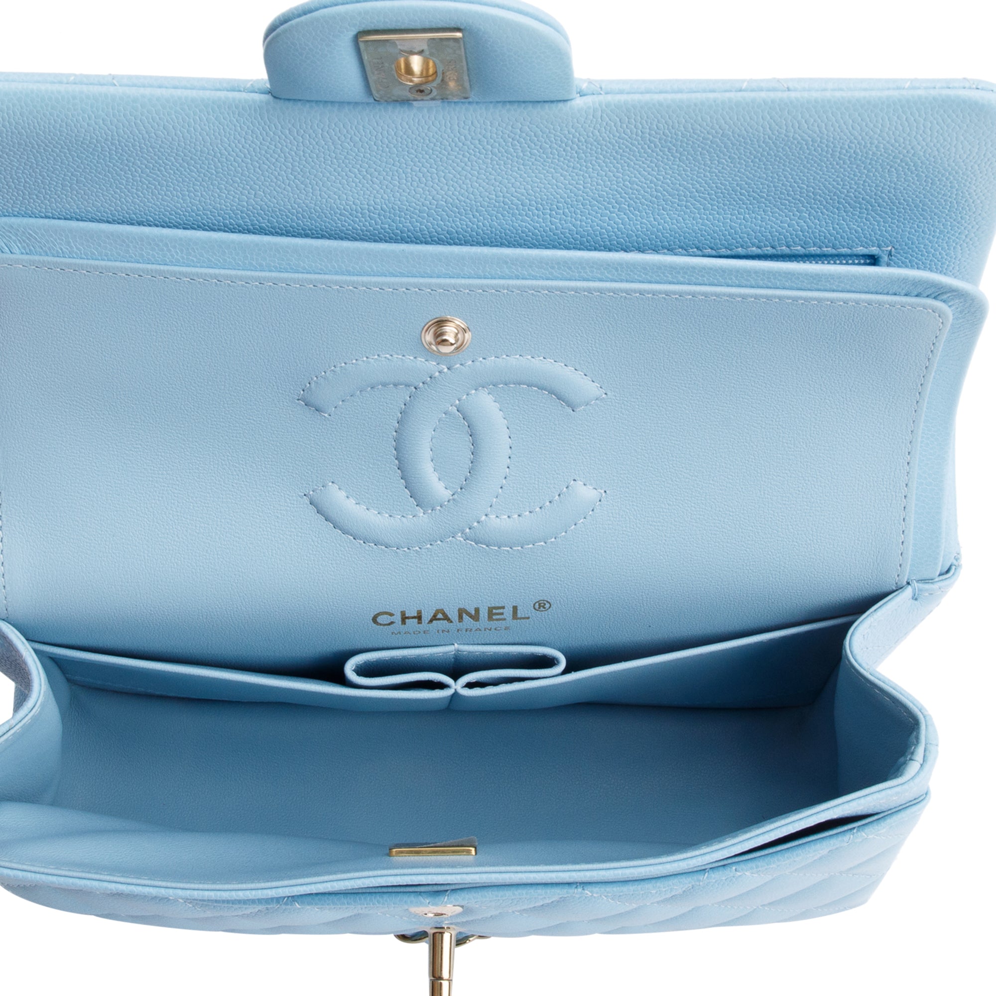 Chanel Light Blue Quilted Caviar Leather Classic Medium Double Flap Bag w/ Box