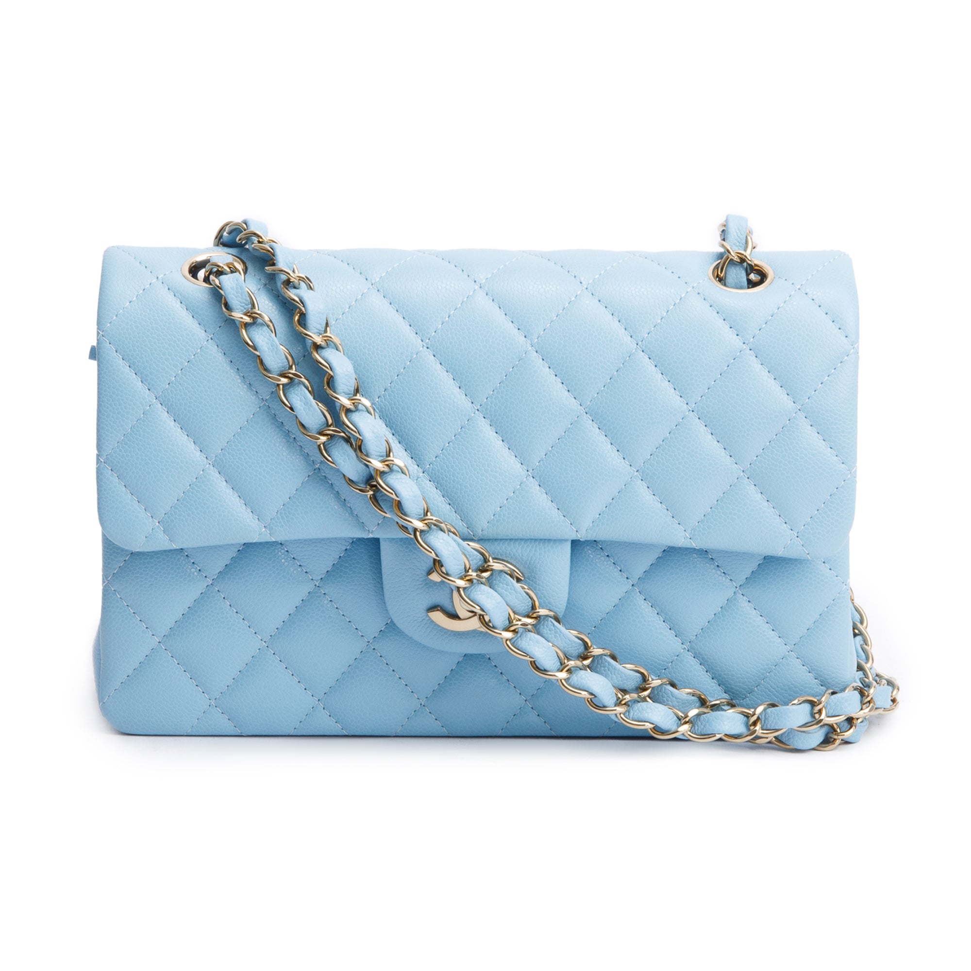 Chanel Light Blue Quilted Caviar Leather Classic Medium Double Flap Bag w/ Box