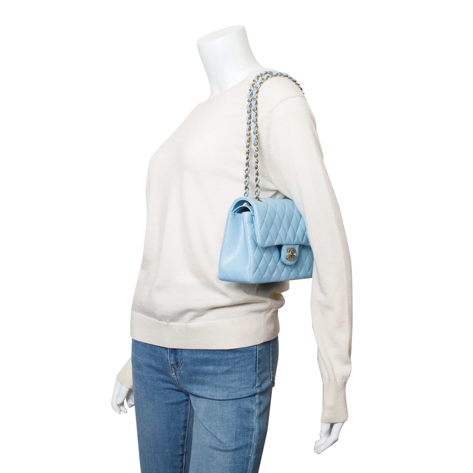 Chanel Light Blue Quilted Caviar Leather Classic Medium Double Flap Bag w/ Box