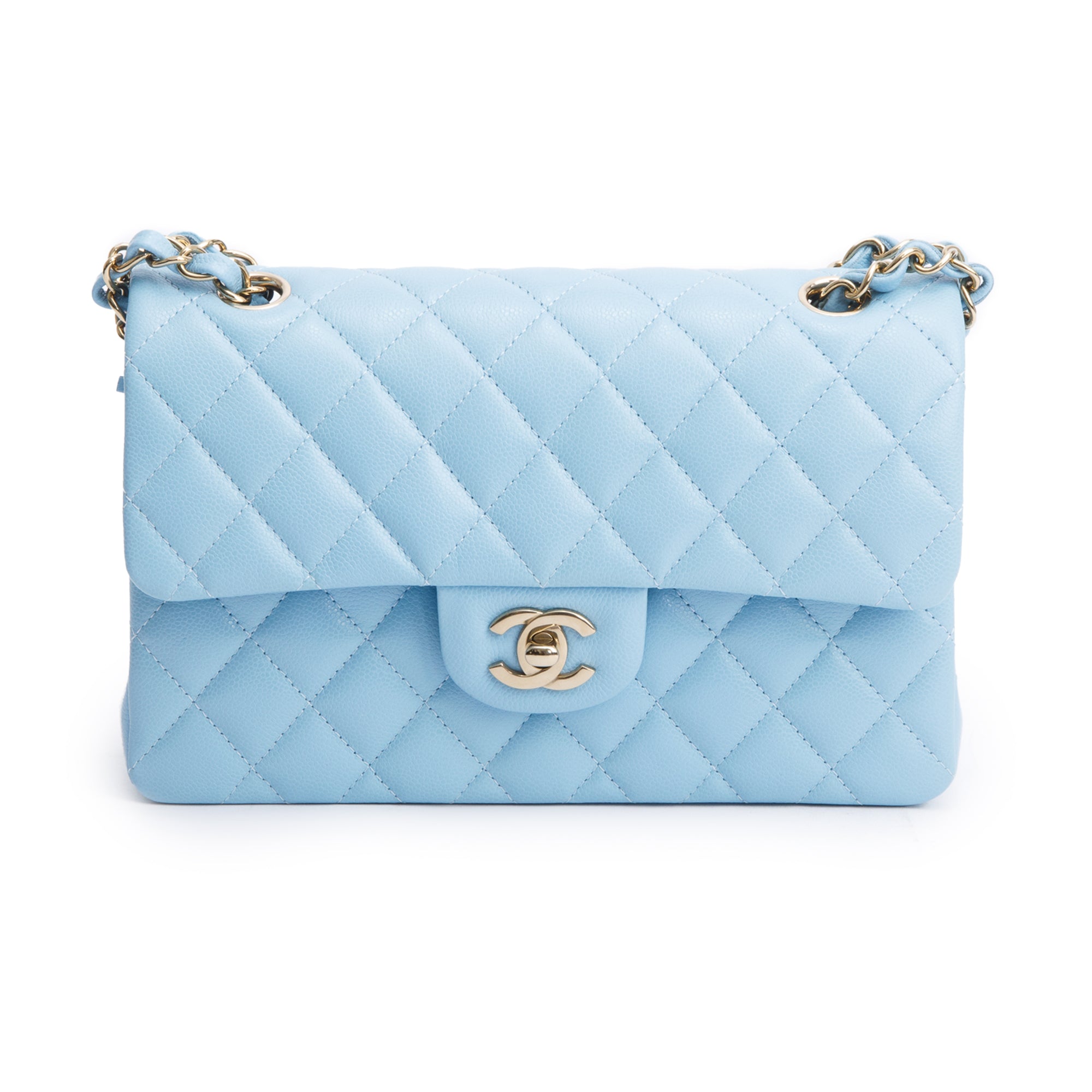 Chanel Light Blue Quilted Caviar Leather Classic Medium Double Flap Bag w/ Box