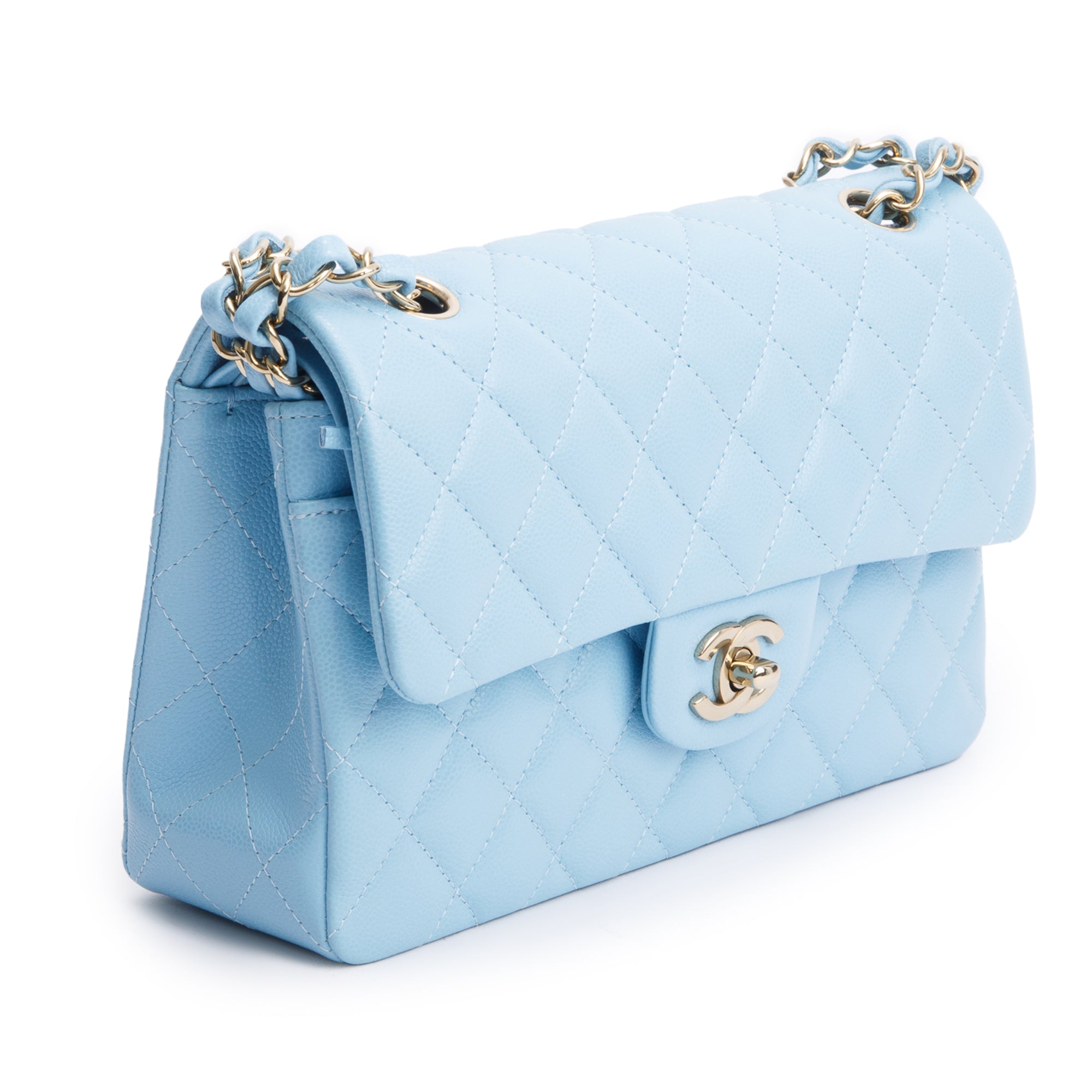 Chanel Light Blue Quilted Caviar Leather Classic Medium Double Flap Bag w/ Box