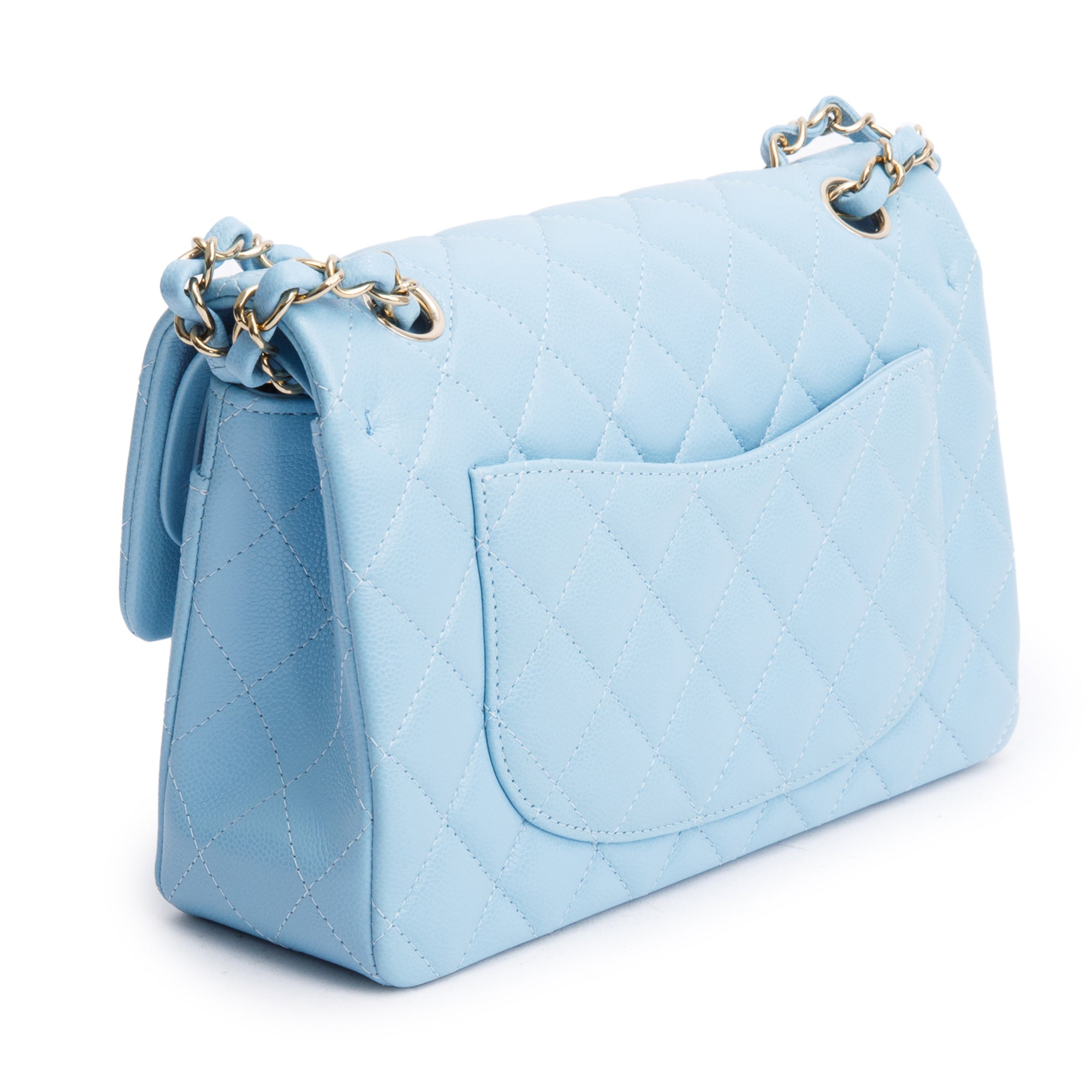 Chanel Light Blue Quilted Caviar Leather Classic Medium Double Flap Bag w/ Box