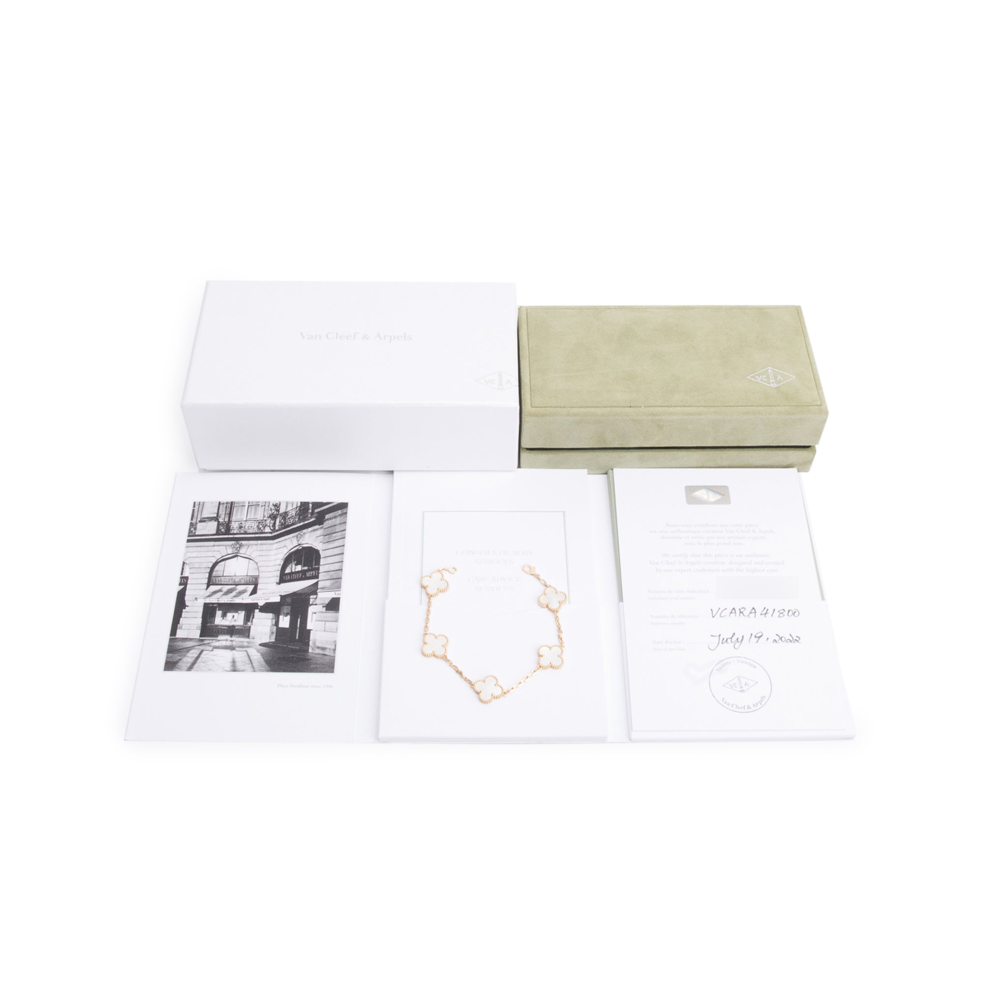 Van Cleef & Arpels 18k Yellow Gold Vintage Alhambra 5 Motif Mother of Pearl Bracelet w/ Box, Receipt & Certificate