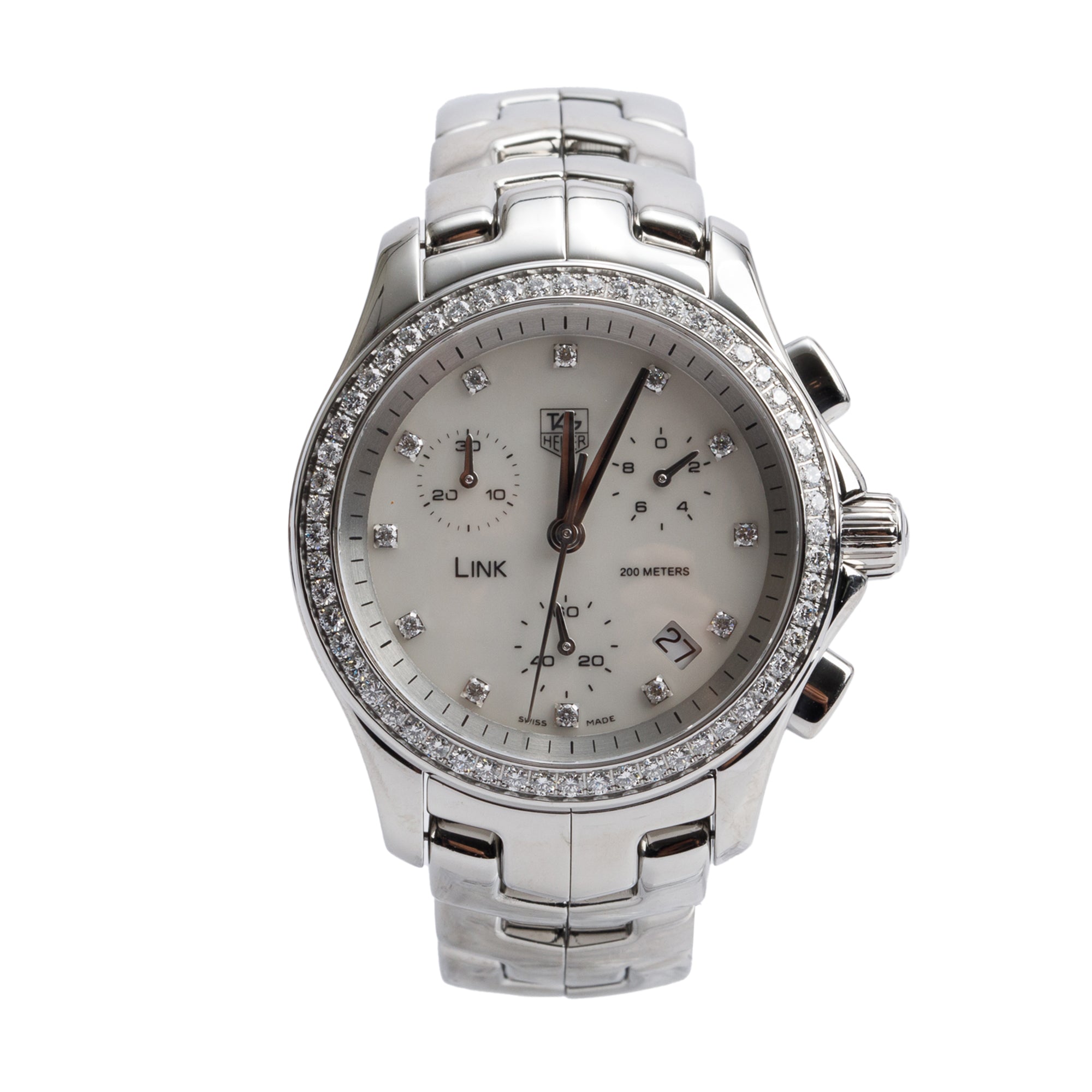 Tag Heuer Stainless Steel Link Diamond Bezel & Mother of Pearl Diamond Dial 33 MM Chronograph Quartz Watch CJF1314