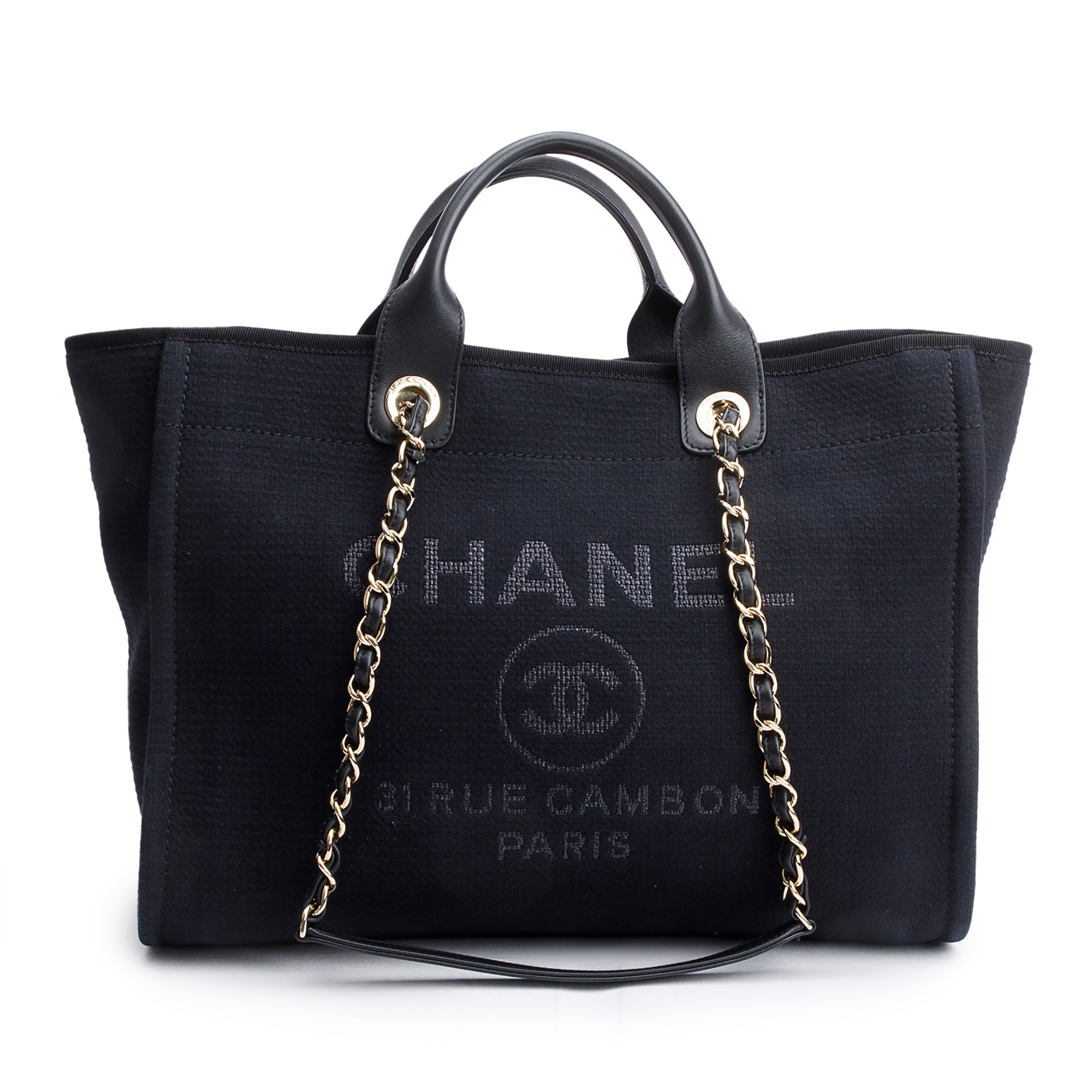 Chanel 2024 Black Canvas Calfskin Leather Trim Medium Deauville Shopping Tote w/ Box & Receipt