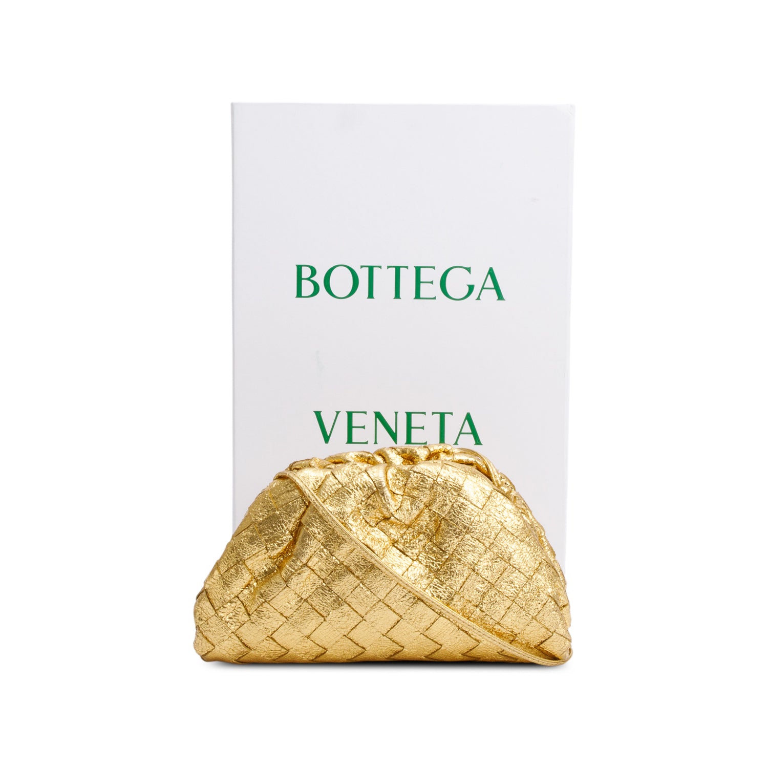 Bottega Veneta Gold Metallic Calfskin Intrecciato Leather The Mini Pouch w/ Box