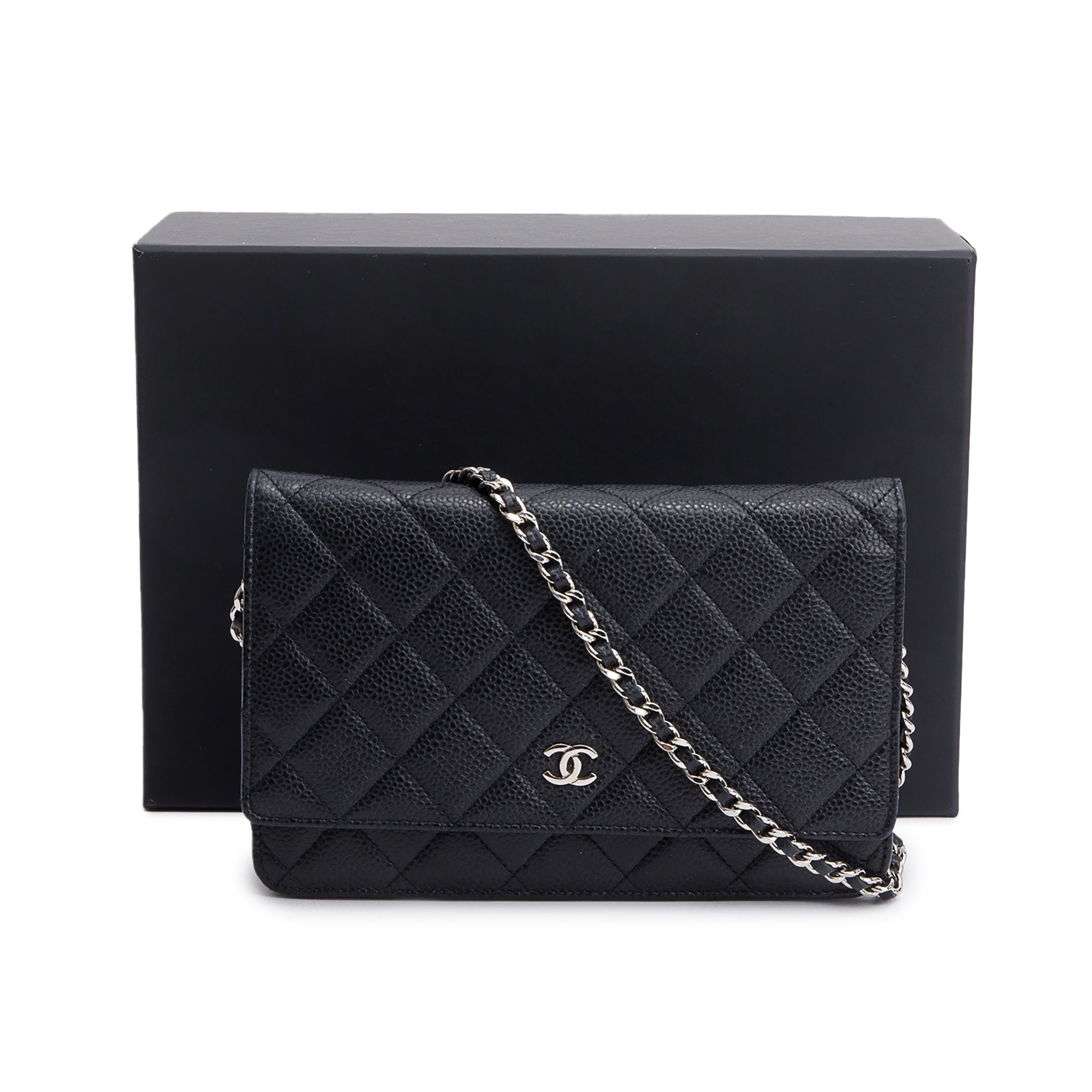 Chanel Black Quilted Caviar Leather Classic Wallet on Chain w/ Box & Authenticity Card