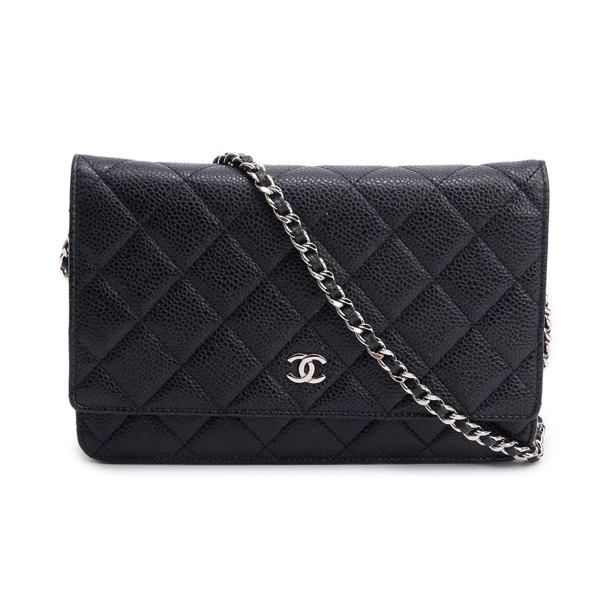Chanel Black Quilted Caviar Leather Classic Wallet on Chain w/ Box & Authenticity Card