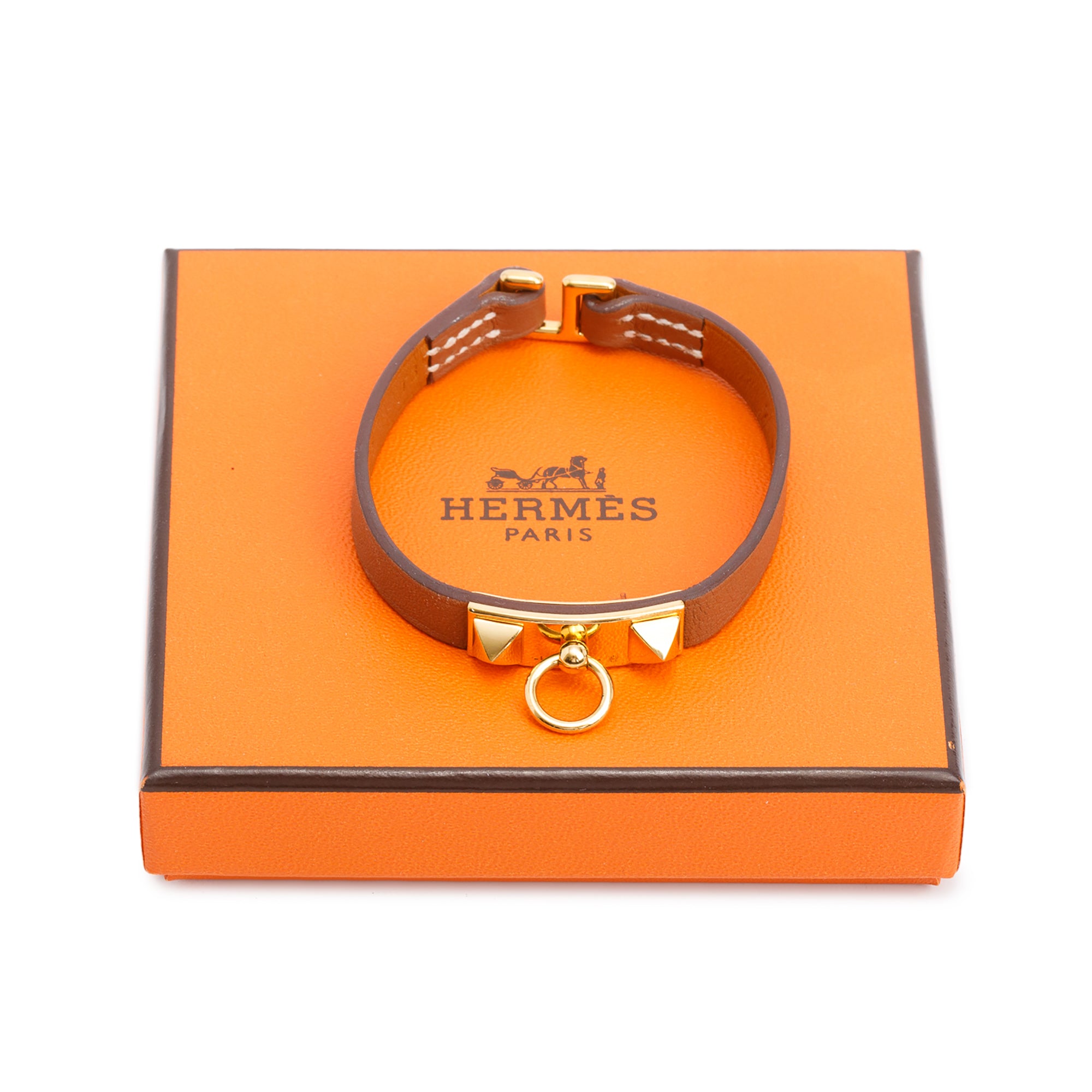 Hermes Palladium Plated Gold Leather Rivale Mini Bracelet w/ Box