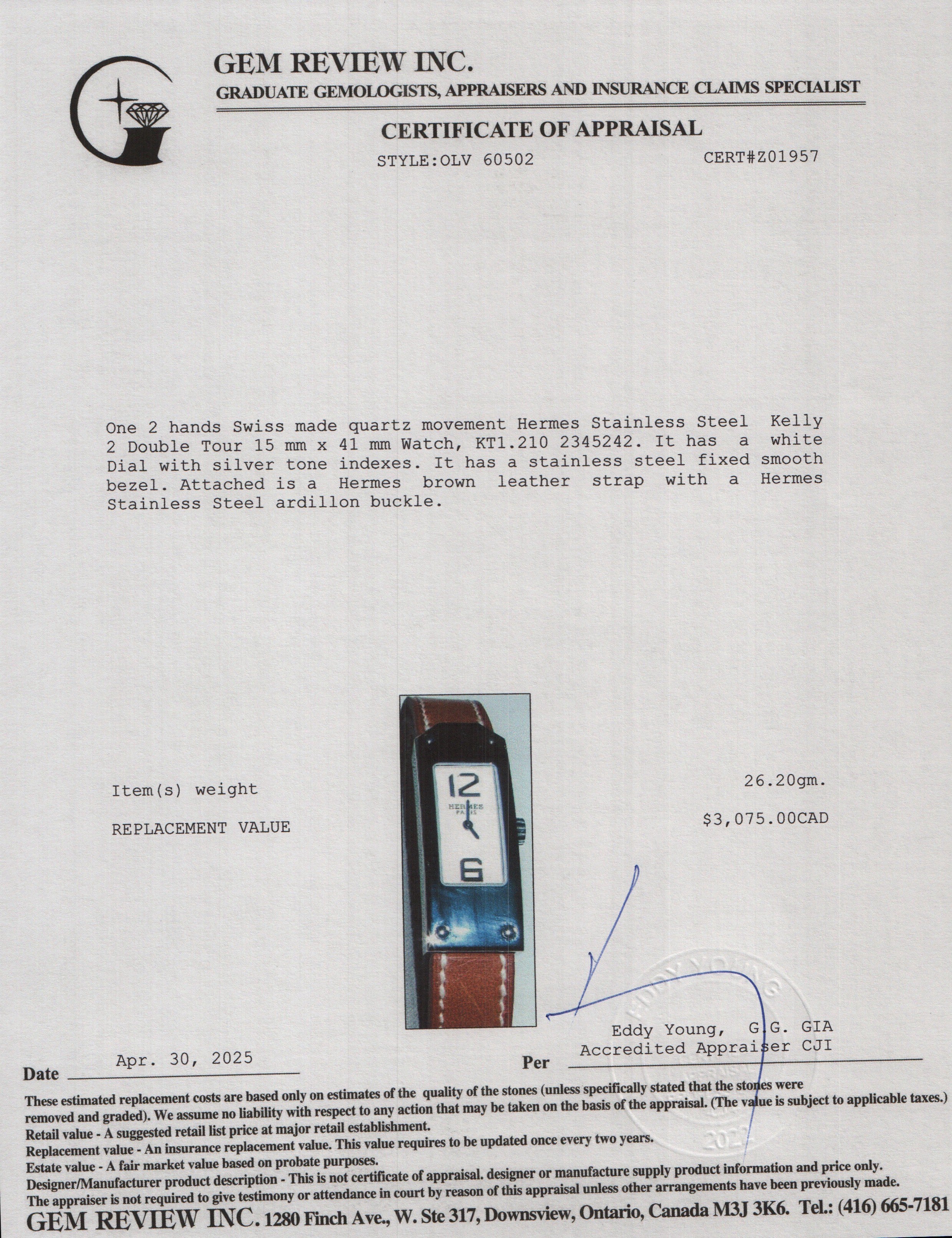 Hermes Stainless Steel Kelly 2 Double Tour Watch w/ Box