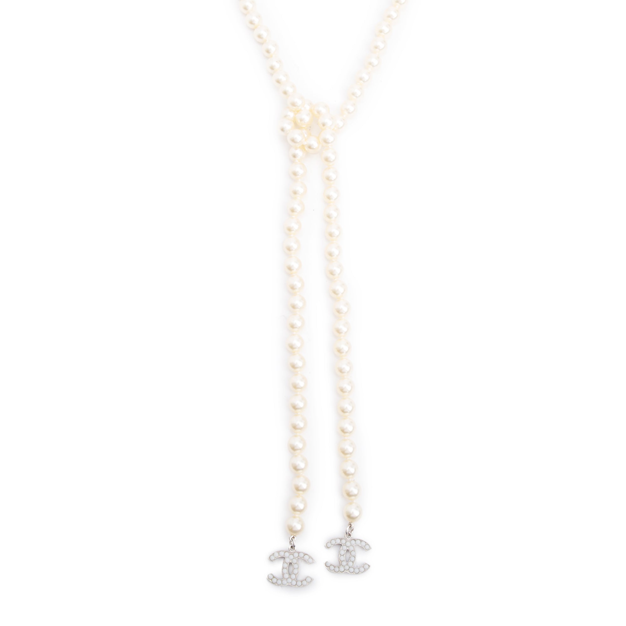 Chanel Palladium-Plated Faux Pearl CC Lariat Necklace w/ Box