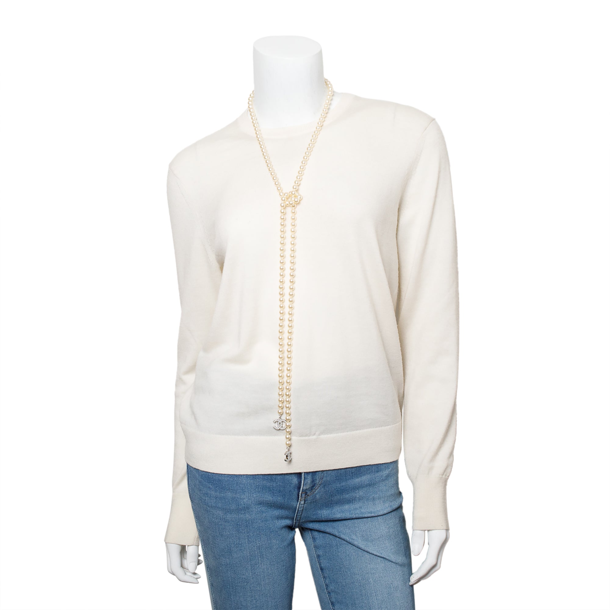 Chanel Palladium-Plated Faux Pearl CC Lariat Necklace w/ Box