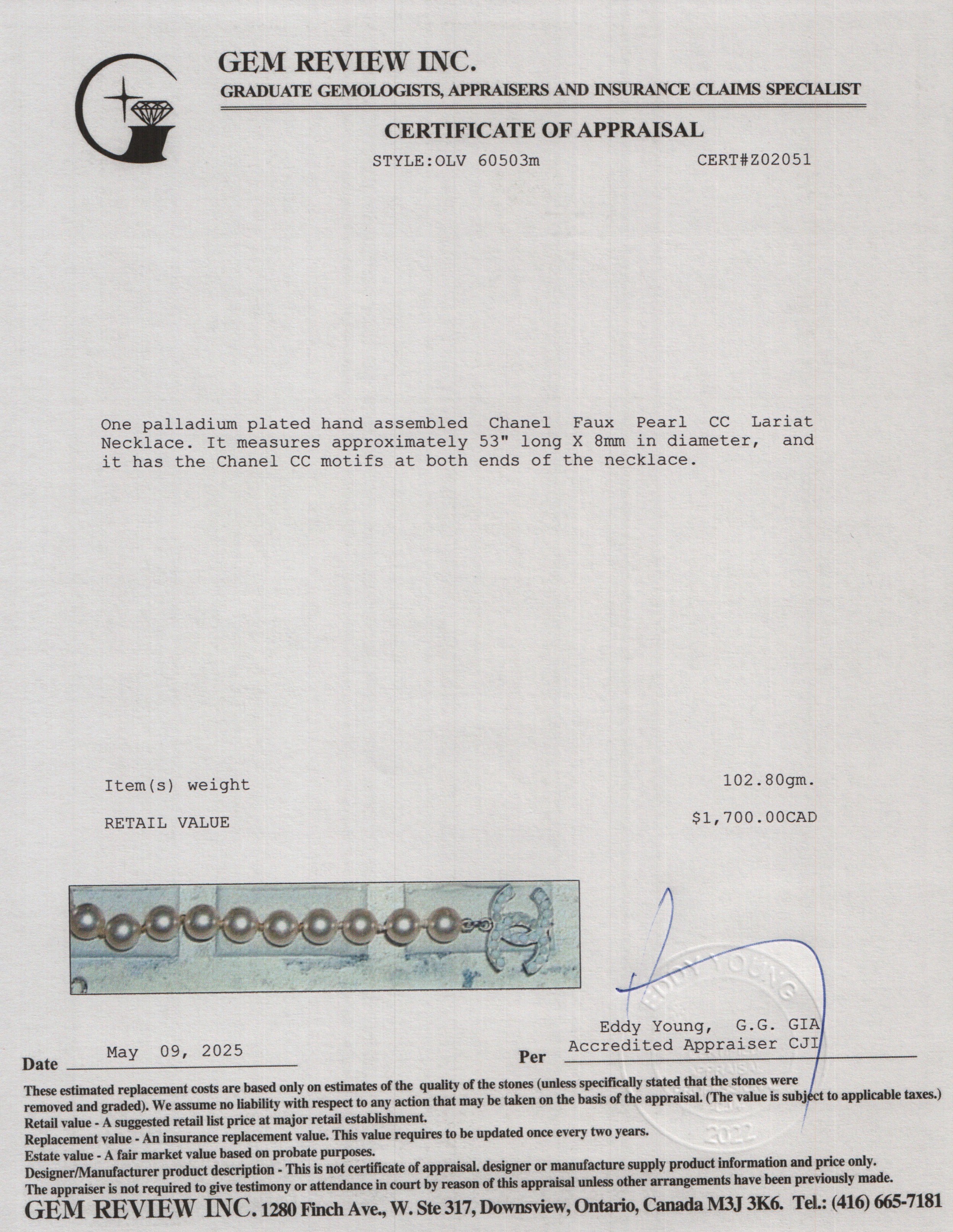 Chanel Palladium-Plated Faux Pearl CC Lariat Necklace w/ Box