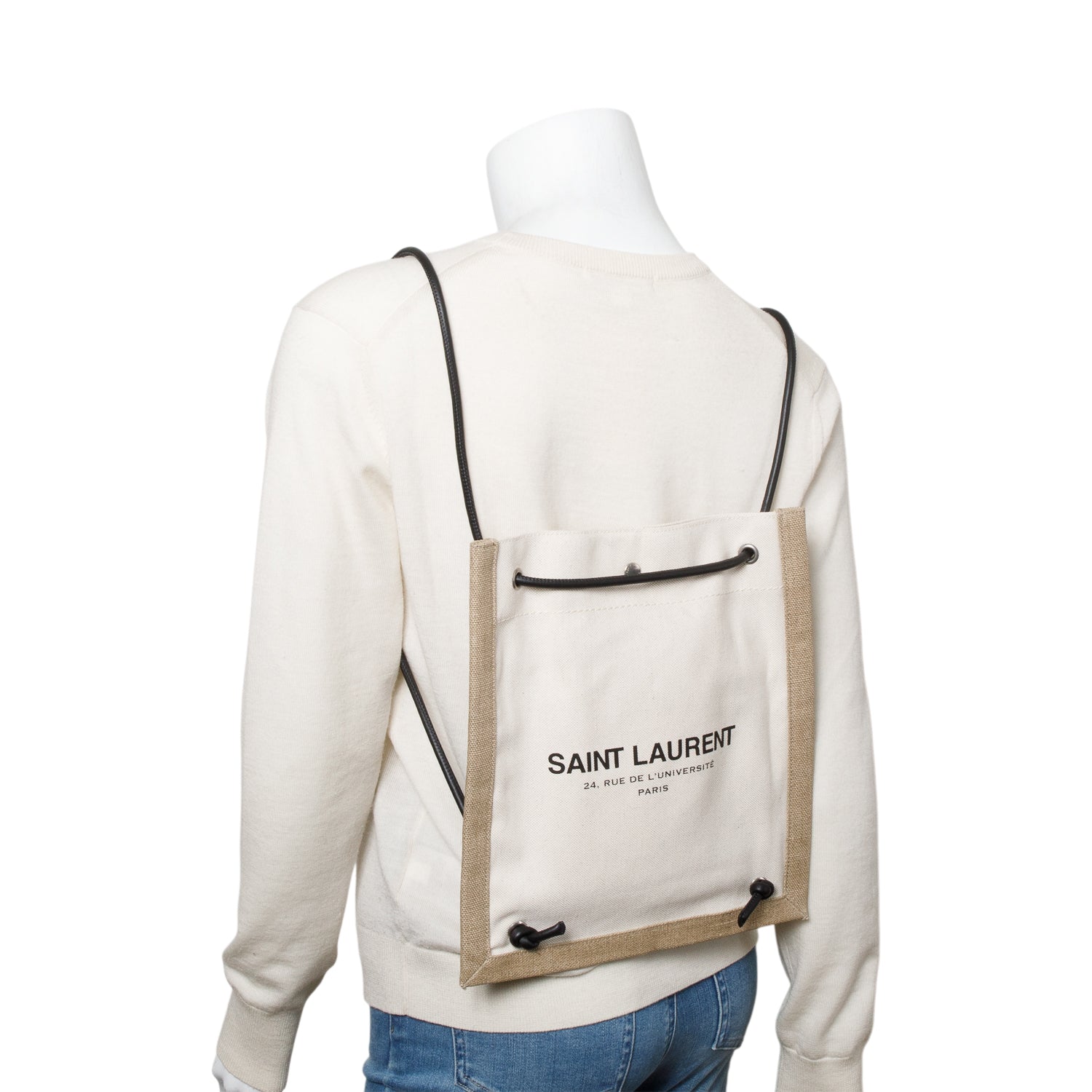 Saint Laurent Beige Linen Calfskin Rive Gauche Drawstring Backpack