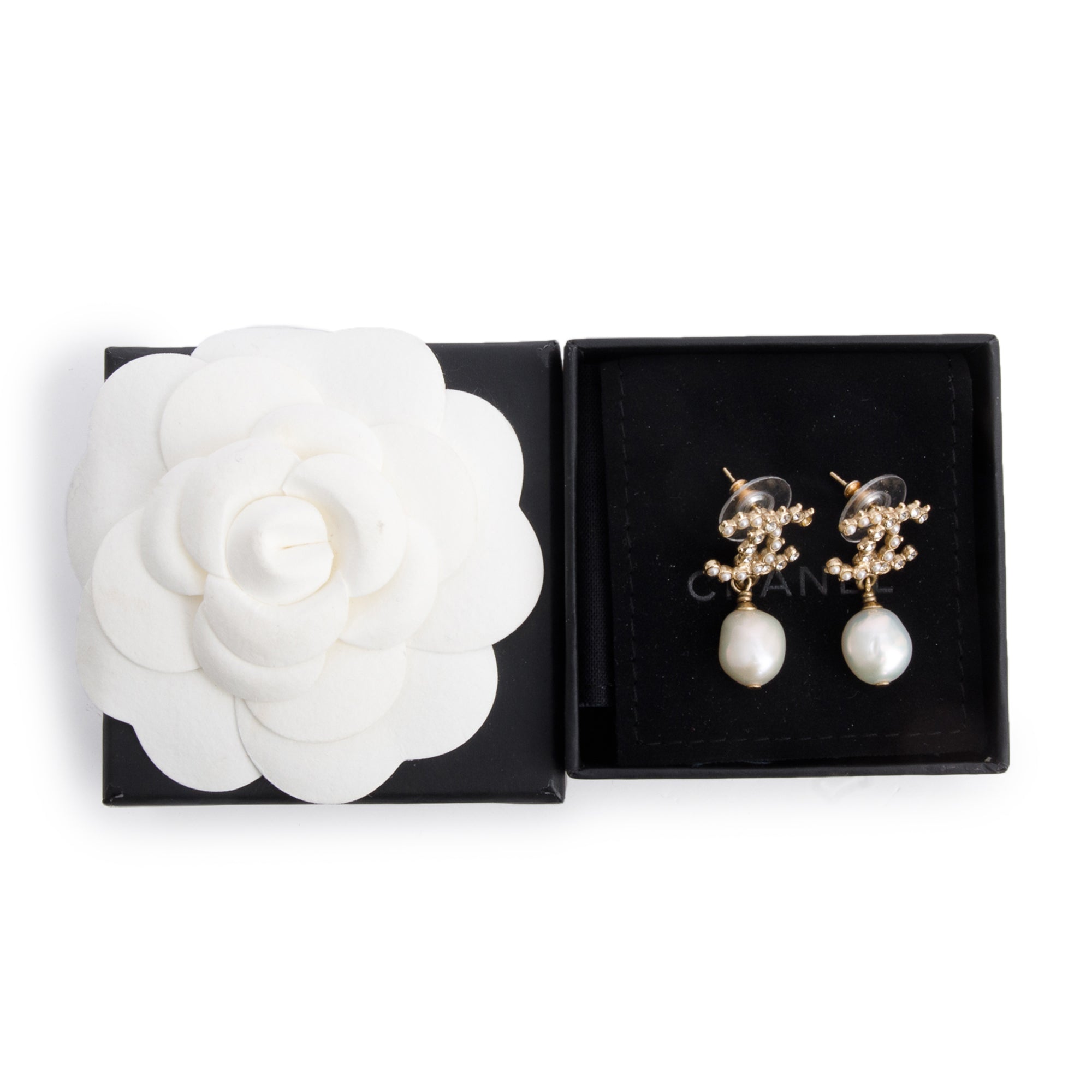 Chanel Gold-Plated Faux Pearl & Strass CC Drop Earrings w/ Box