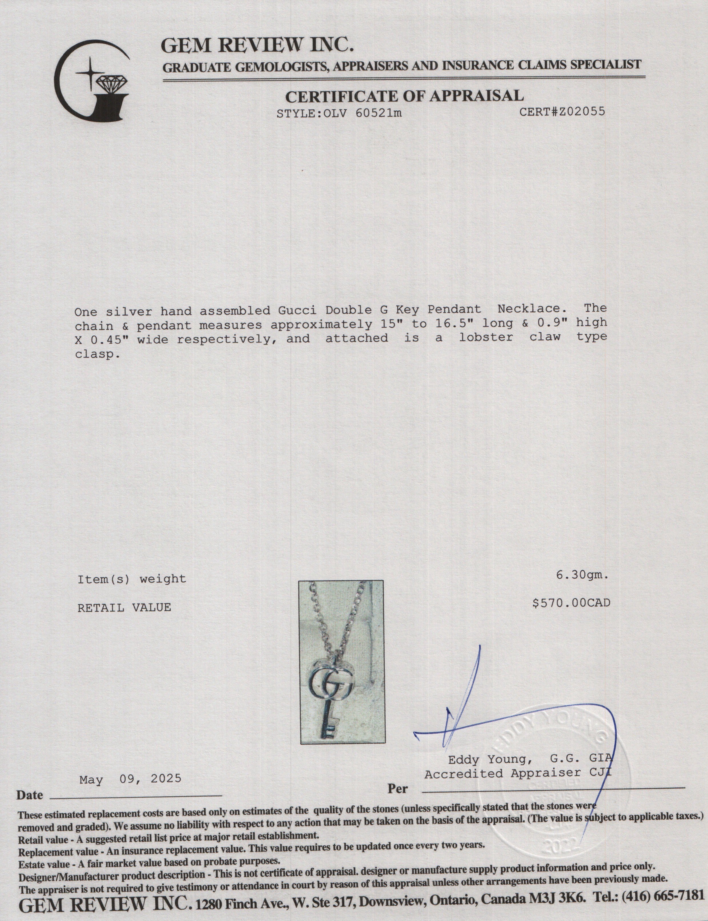 Gucci Sterling Silver GG Marmont Key Charm Necklace