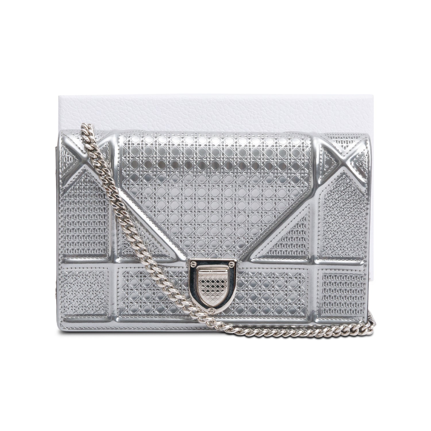 Christian Dior Metallic Silver Microcannage Patent Leather Diorama Wallet on Chain w/ Box & Authenticity Card
