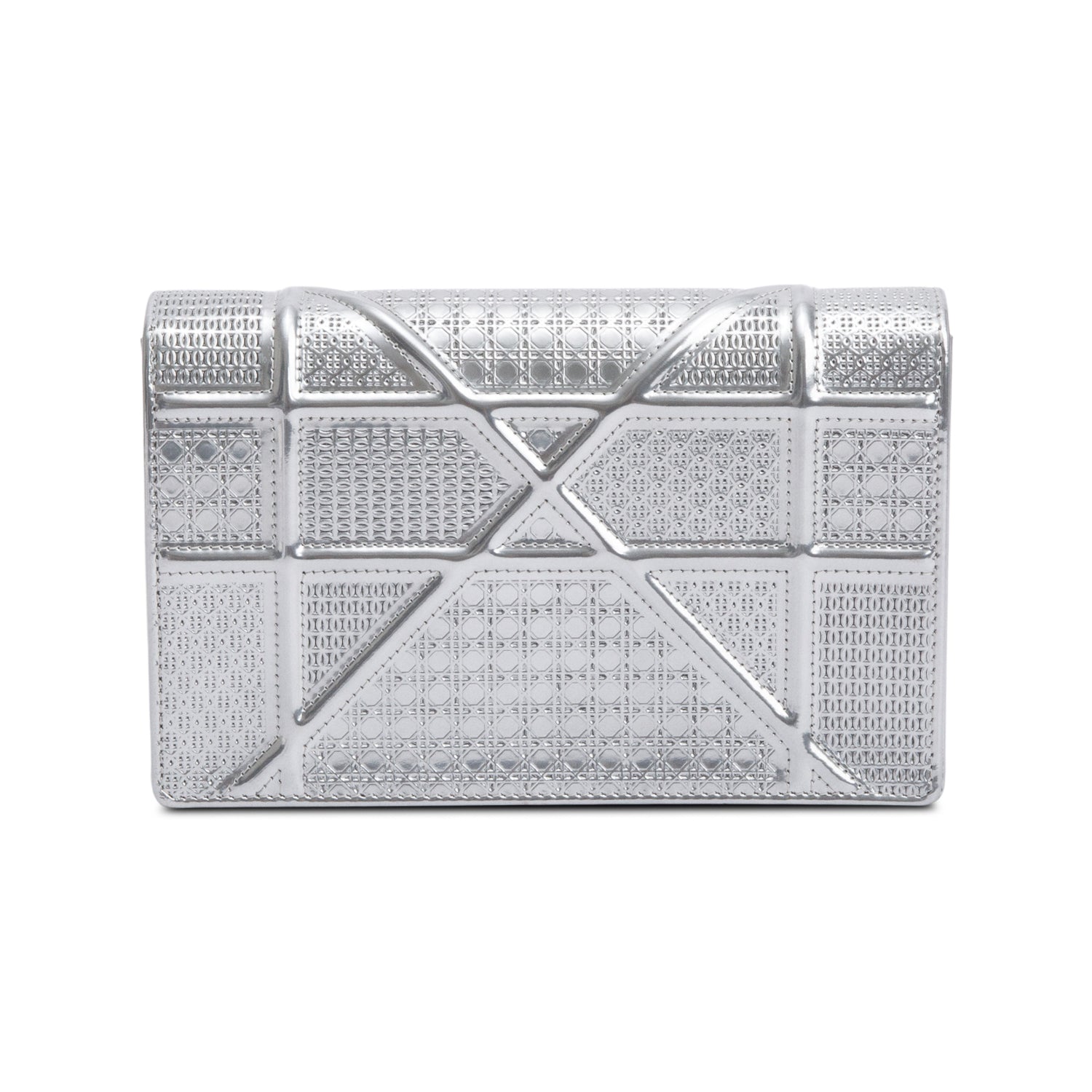 Christian Dior Metallic Silver Microcannage Patent Leather Diorama Wallet on Chain w/ Box & Authenticity Card