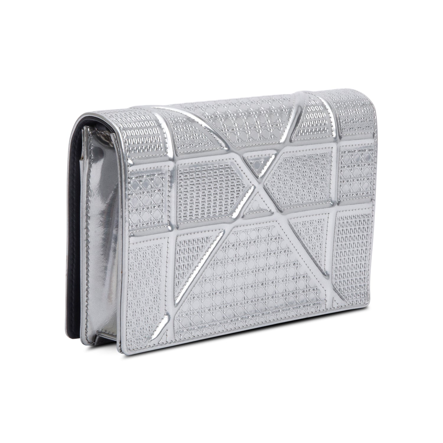 Christian Dior Metallic Silver Microcannage Patent Leather Diorama Wallet on Chain w/ Box & Authenticity Card