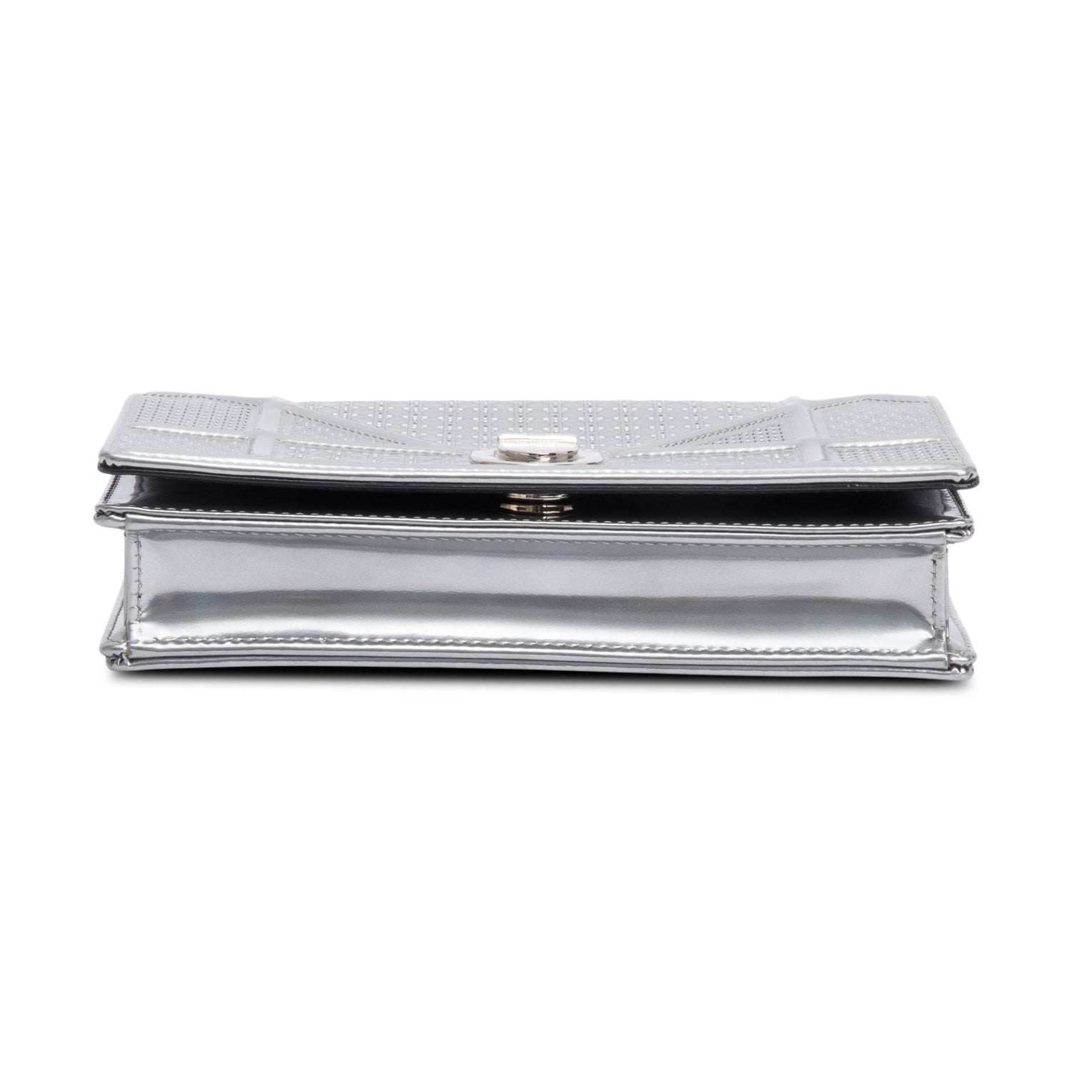Christian Dior Metallic Silver Microcannage Patent Leather Diorama Wallet on Chain w/ Box & Authenticity Card