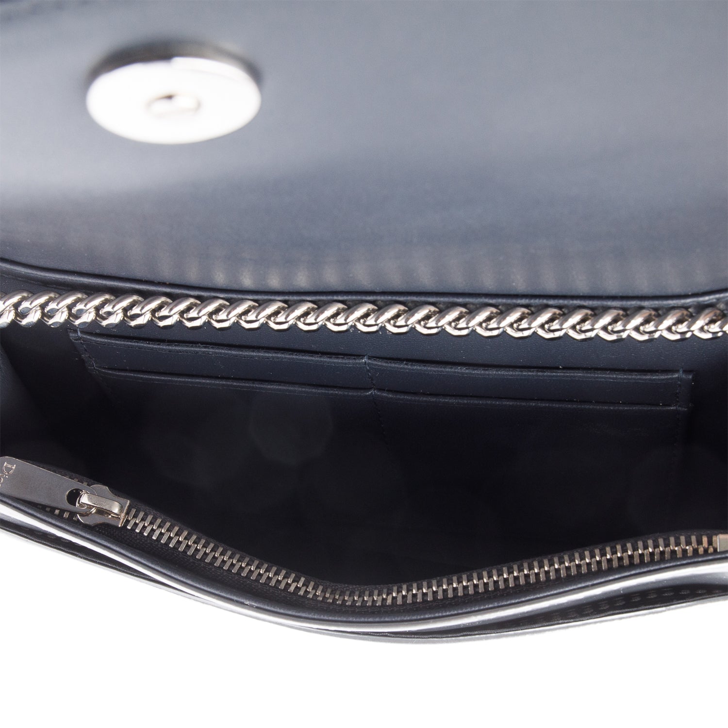 Christian Dior Metallic Silver Microcannage Patent Leather Diorama Wallet on Chain w/ Box & Authenticity Card