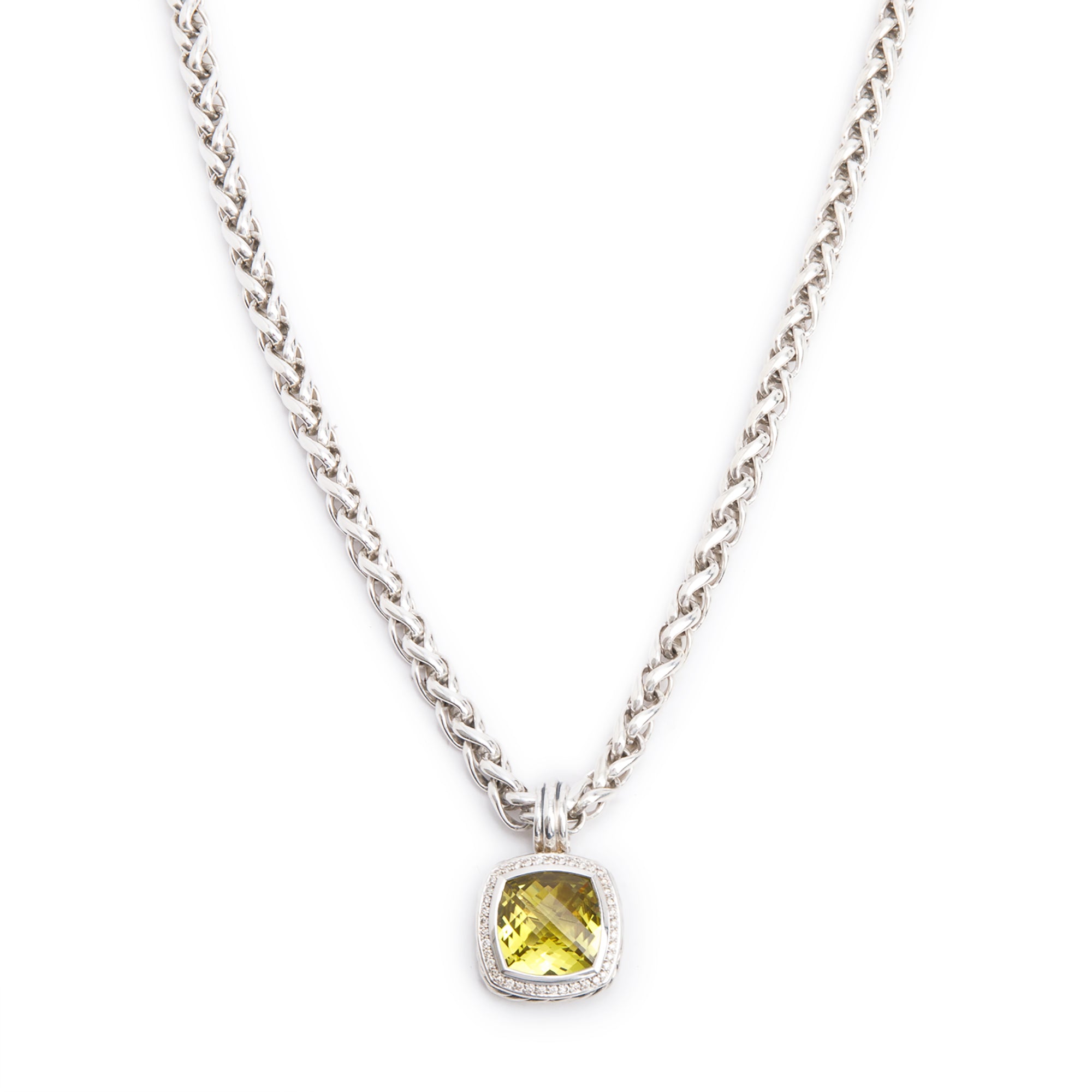 David Yurman Sterling Silver & 14k Yellow Gold Lemon Citrine & Diamond Albion Pendant Wheat Chain Necklace