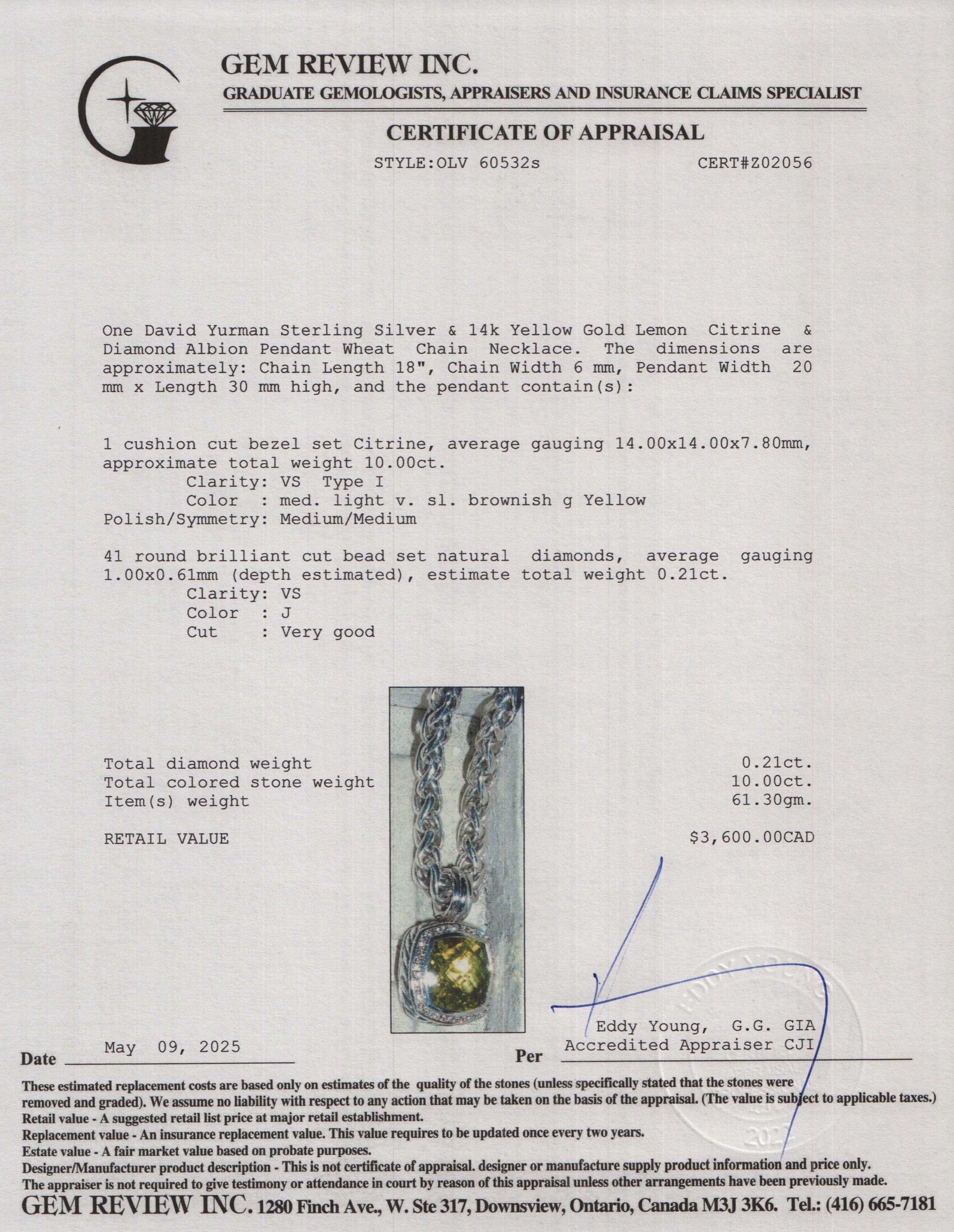 David Yurman Sterling Silver & 14k Yellow Gold Lemon Citrine & Diamond Albion Pendant Wheat Chain Necklace