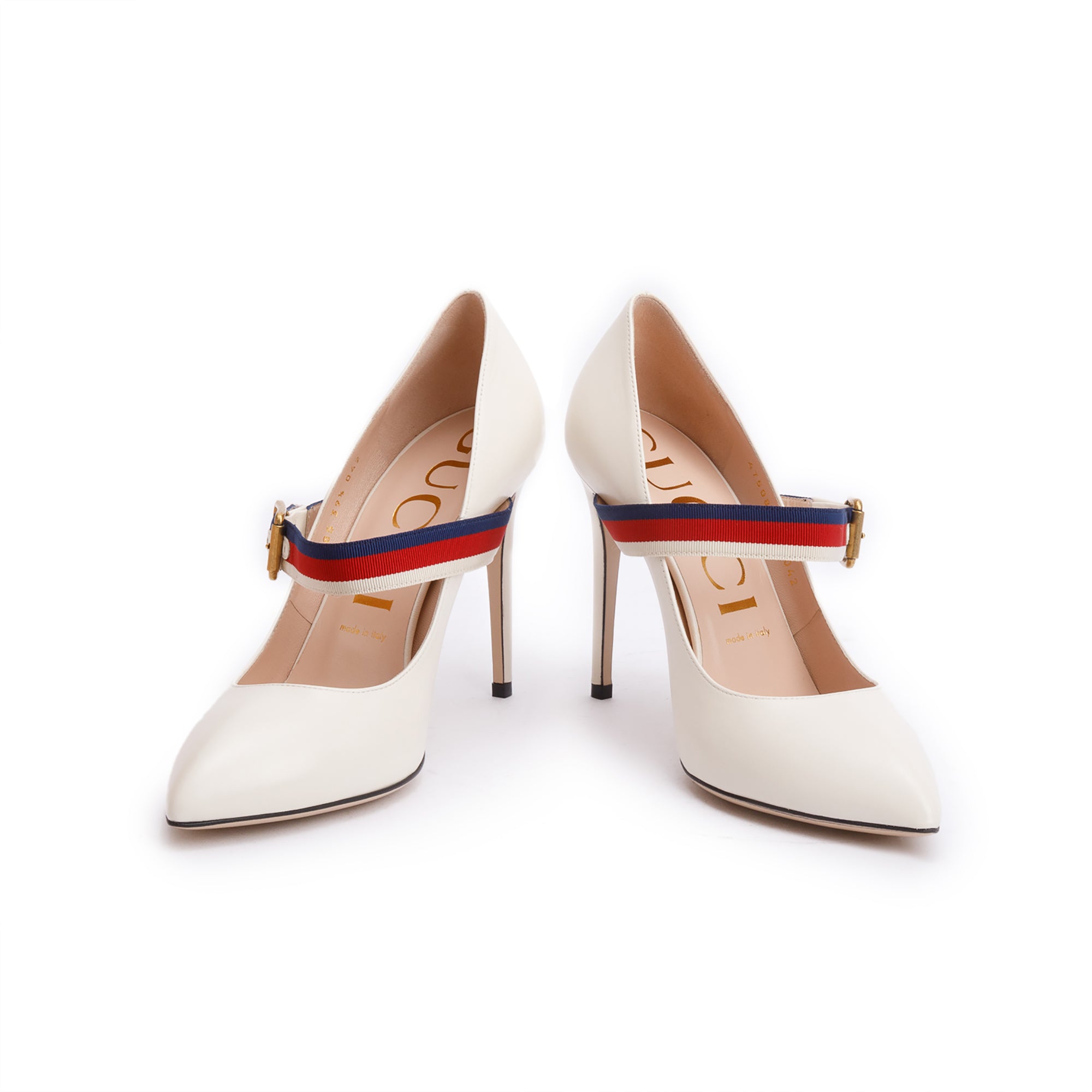 Gucci 2022 White Leather Web Strap D'Orsay Pumps, Size 39.5 w/ Box & Receipt