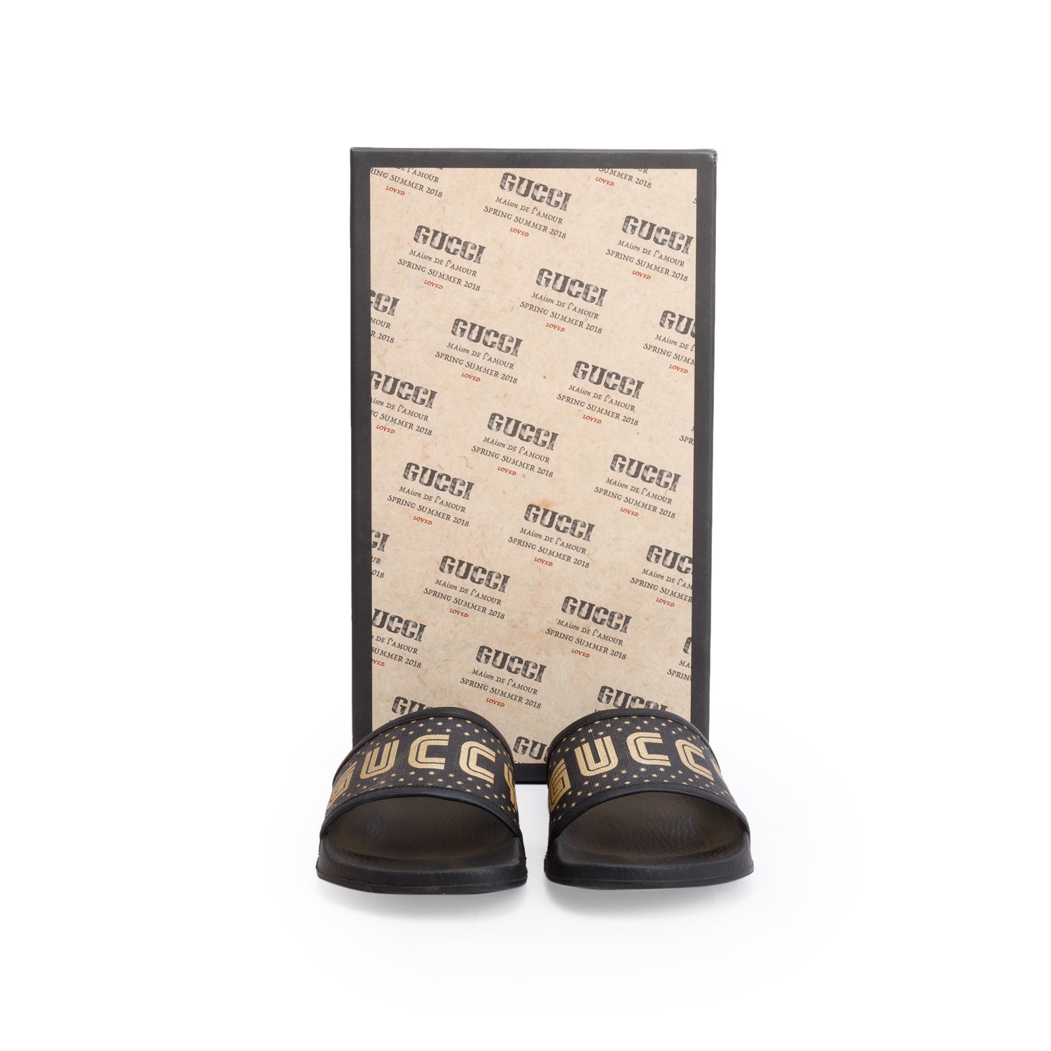 Gucci x Sega Supreme Black Rubber Guccy Star Slides, Size 7 w/ Box