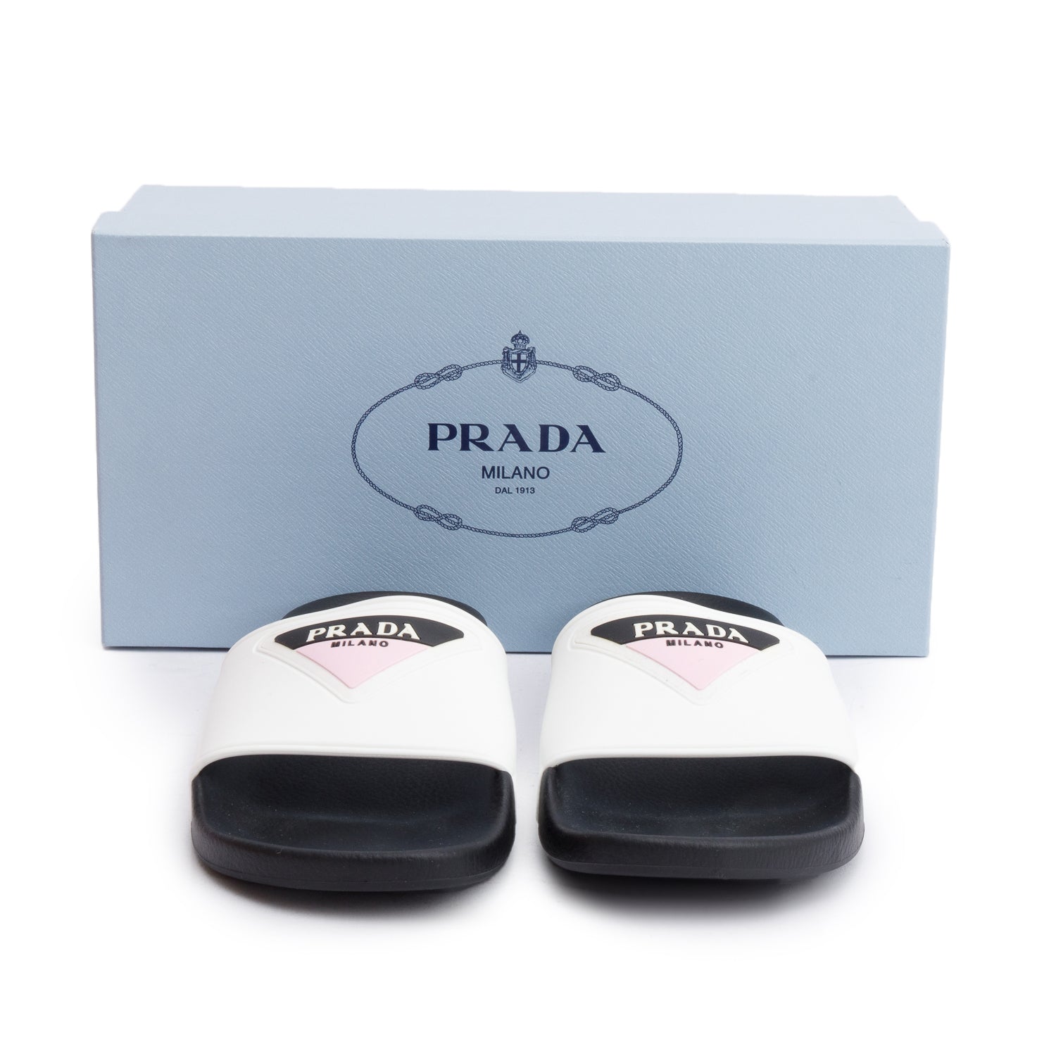 Prada Black/White Graphic Print Rubber Slide Sandals, Size 36 w/ Box