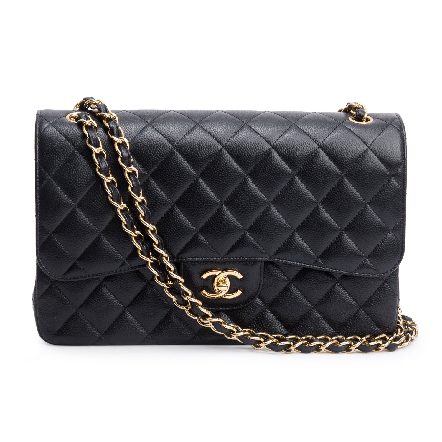 Chanel Black Quilted Caviar Leather Classic Jumbo Double Flap Bag w/ Box