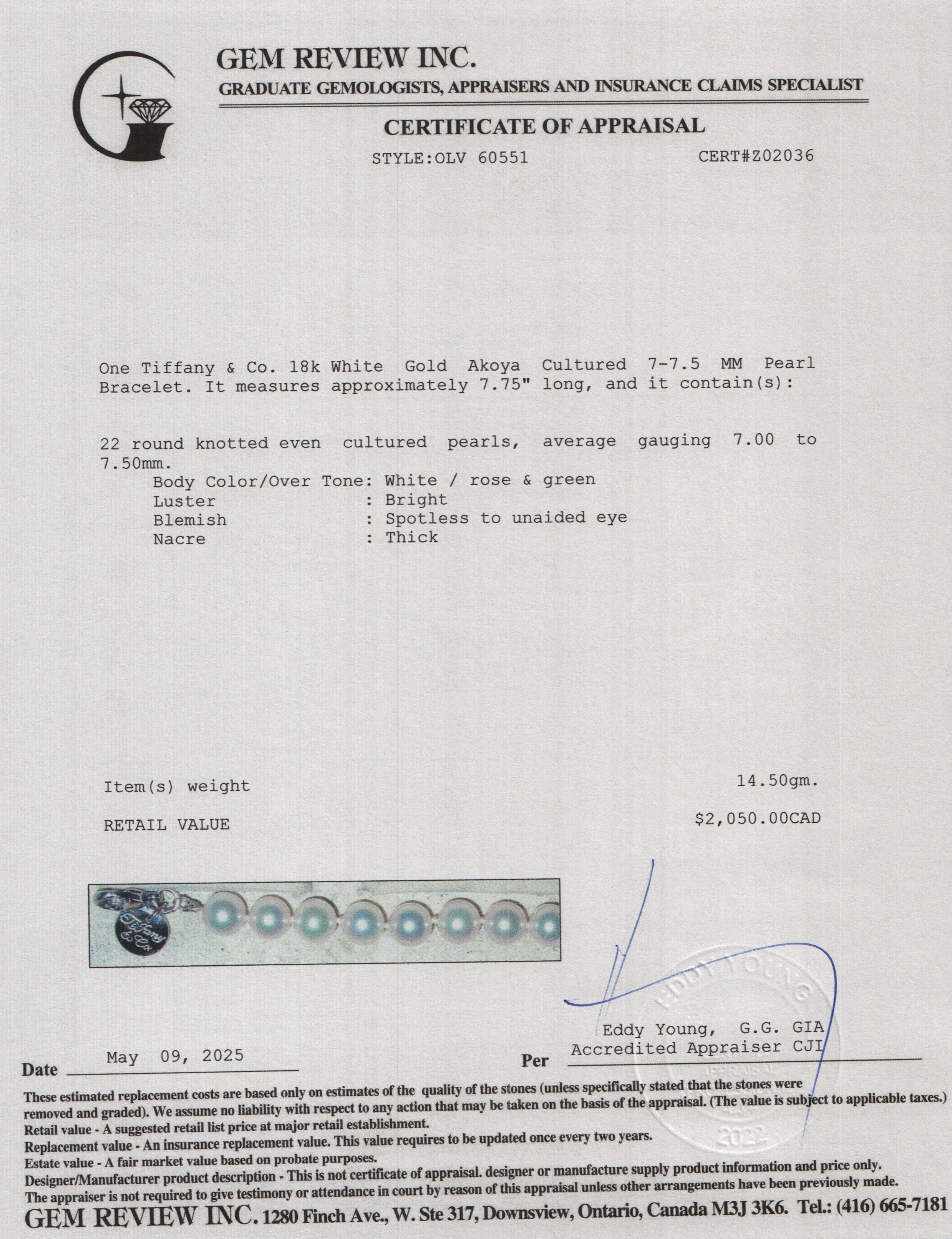 Tiffany & Co. 18k White Gold Akoya Cultured 7-7.5 MM Pearl Bracelet w/ Box