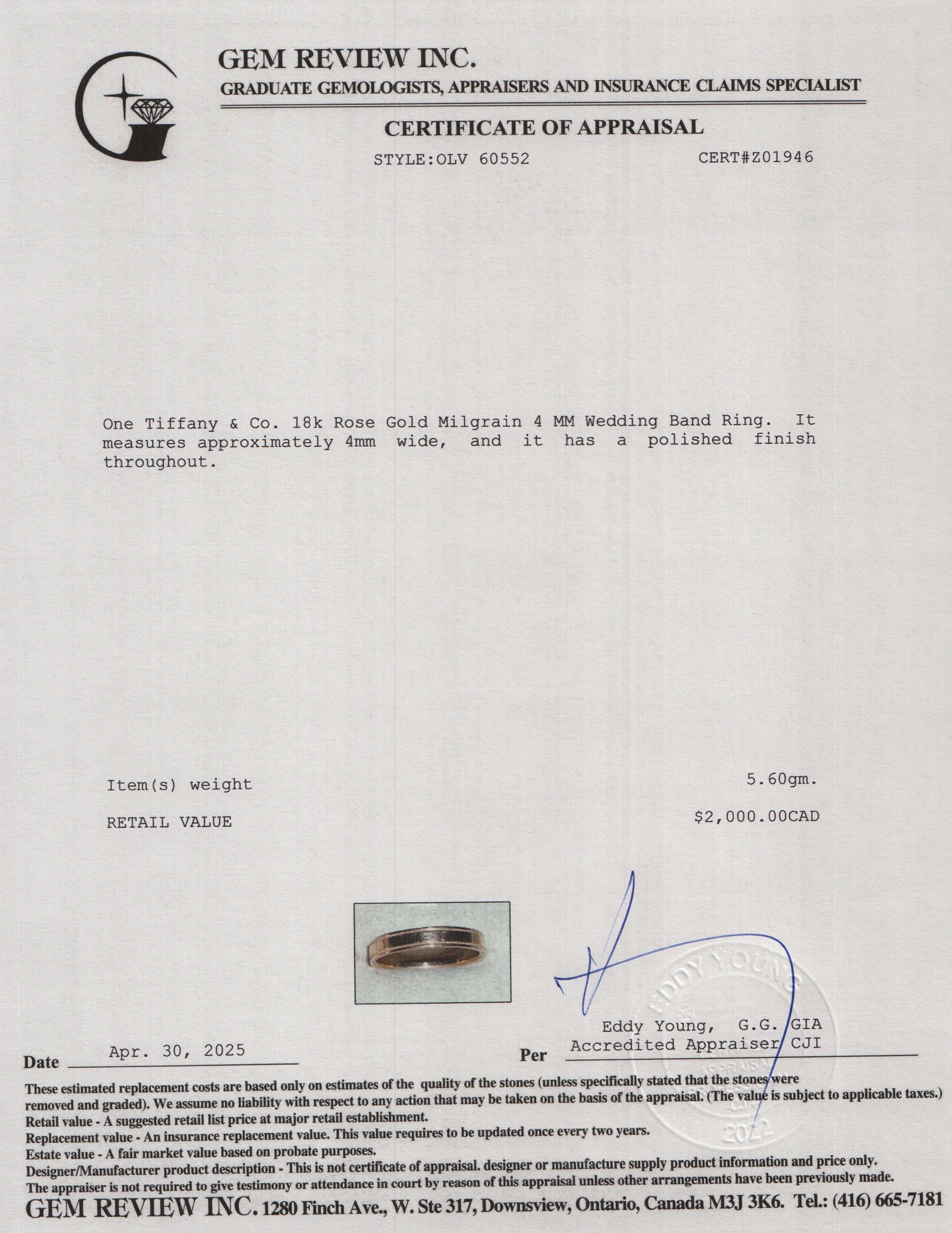 Tiffany & Co. 18k Rose Gold Milgrain 4 MM Wedding Band Ring, Size 10.25