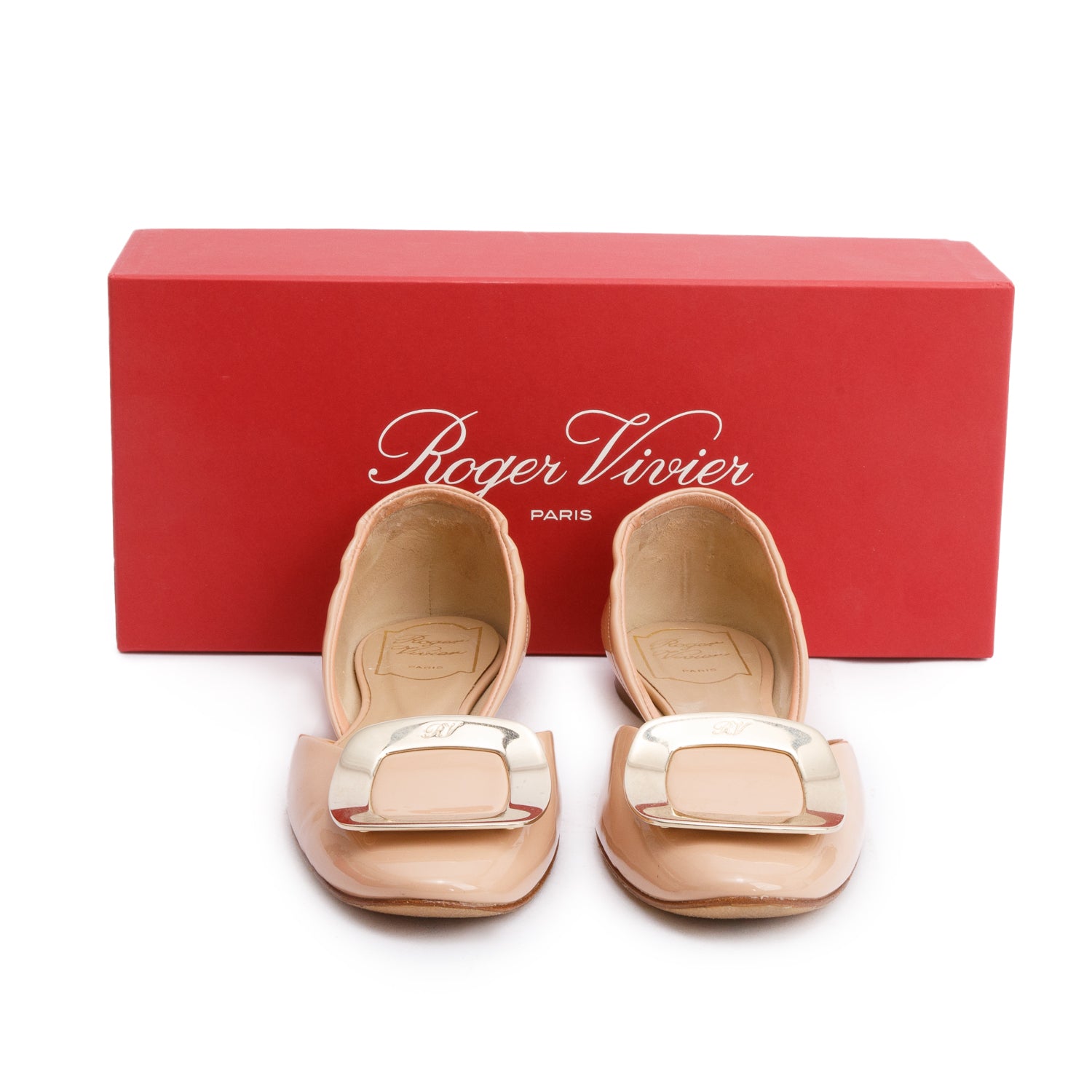 Roger VIvier Beige Patent Leather Belle Vivier Ballerina, Size 37 w/ Box