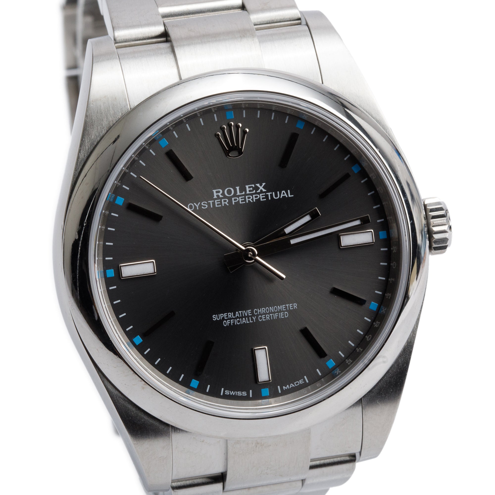 Rolex Stainless Steel Oyster Perpetual 39 MM Watch Grey Rhodium Dial 114300 w/ Box & Papers