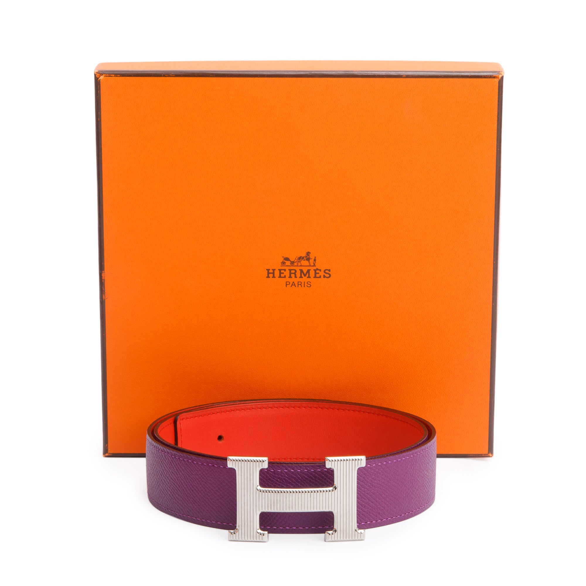 Hermes Anemone/Capucine Epsom Swift Leather Reversible 32 MM H Striee Belt Kit 80 w/ Box