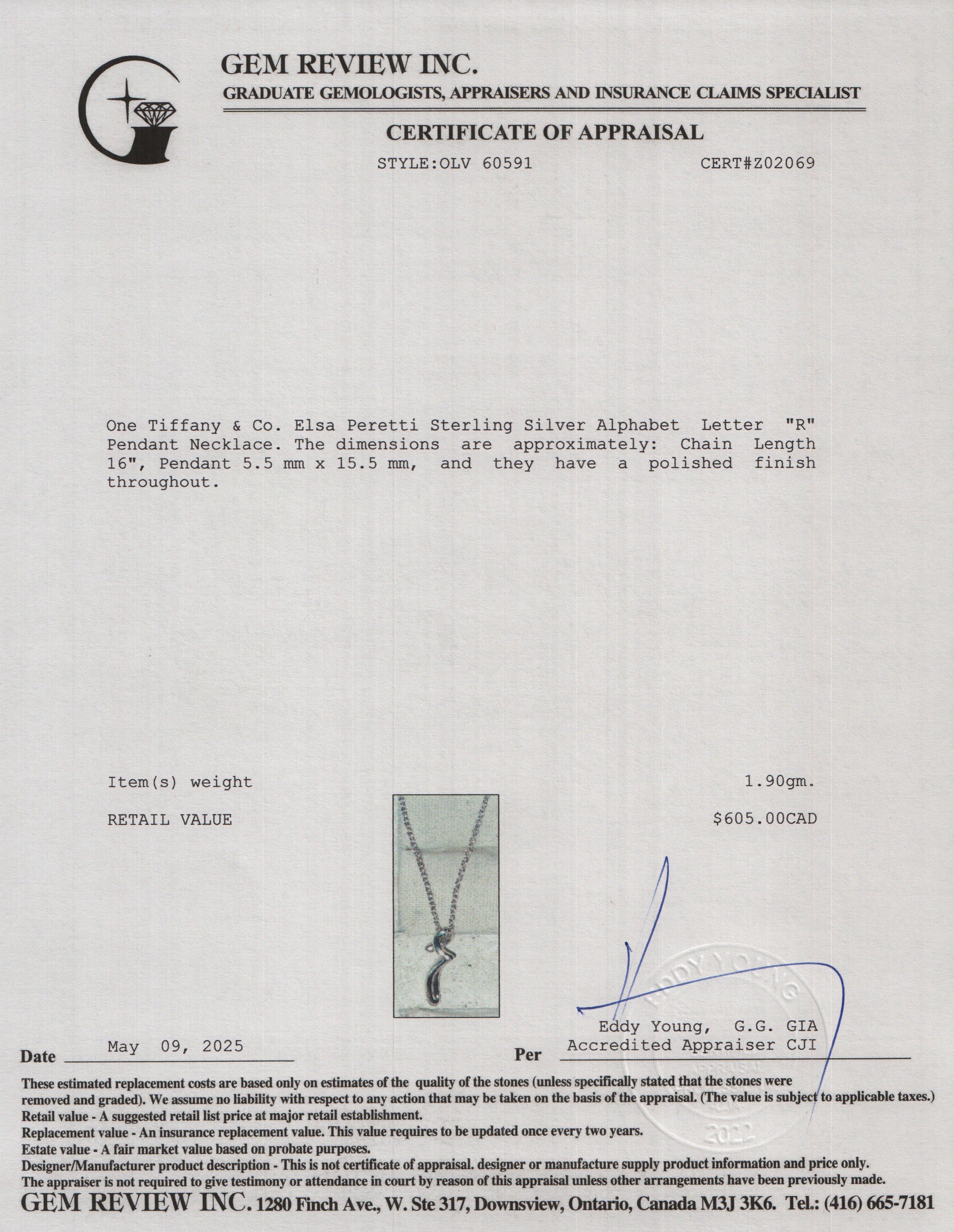 Tiffany & Co. Elsa Peretti Sterling Silver Alphabet Letter "R" Pendant Necklace