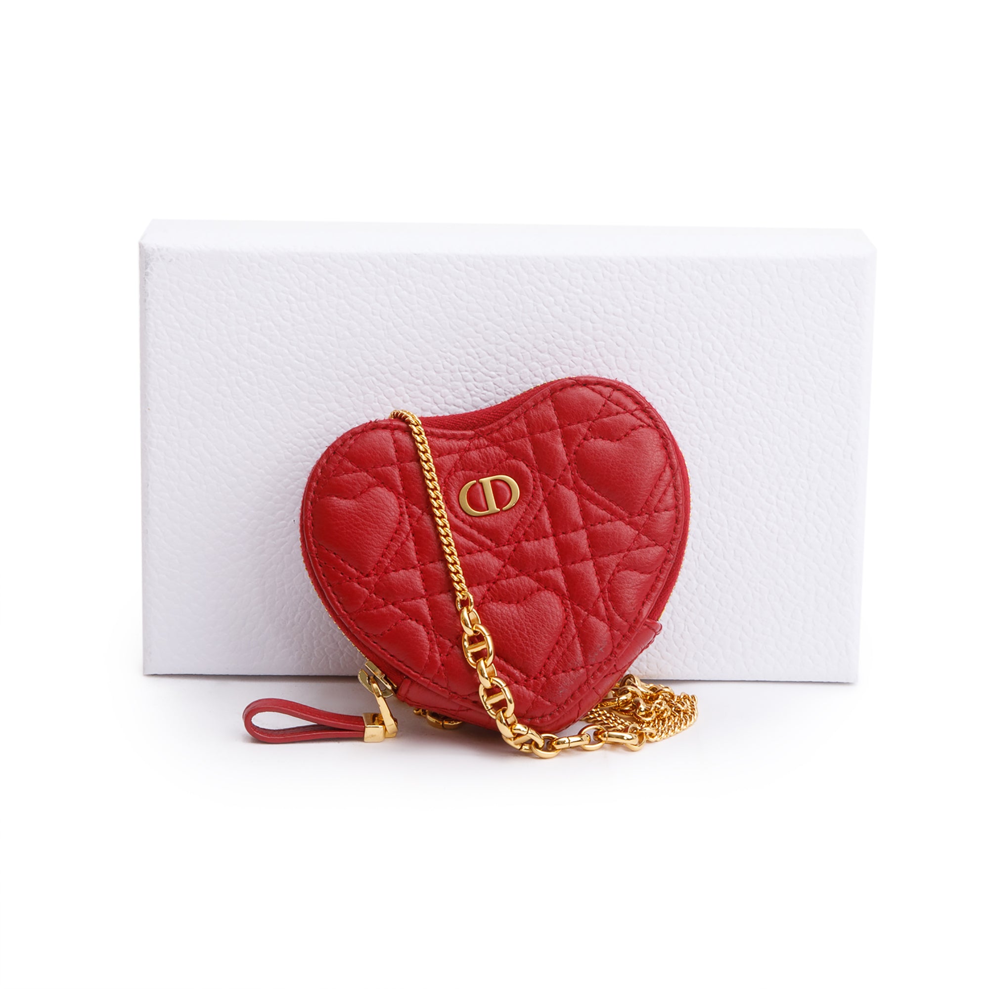 Christian Dior 2023 Red Cannage Calfskin Leather Dioramour Caro Heart Chain Pouch w/ Box
