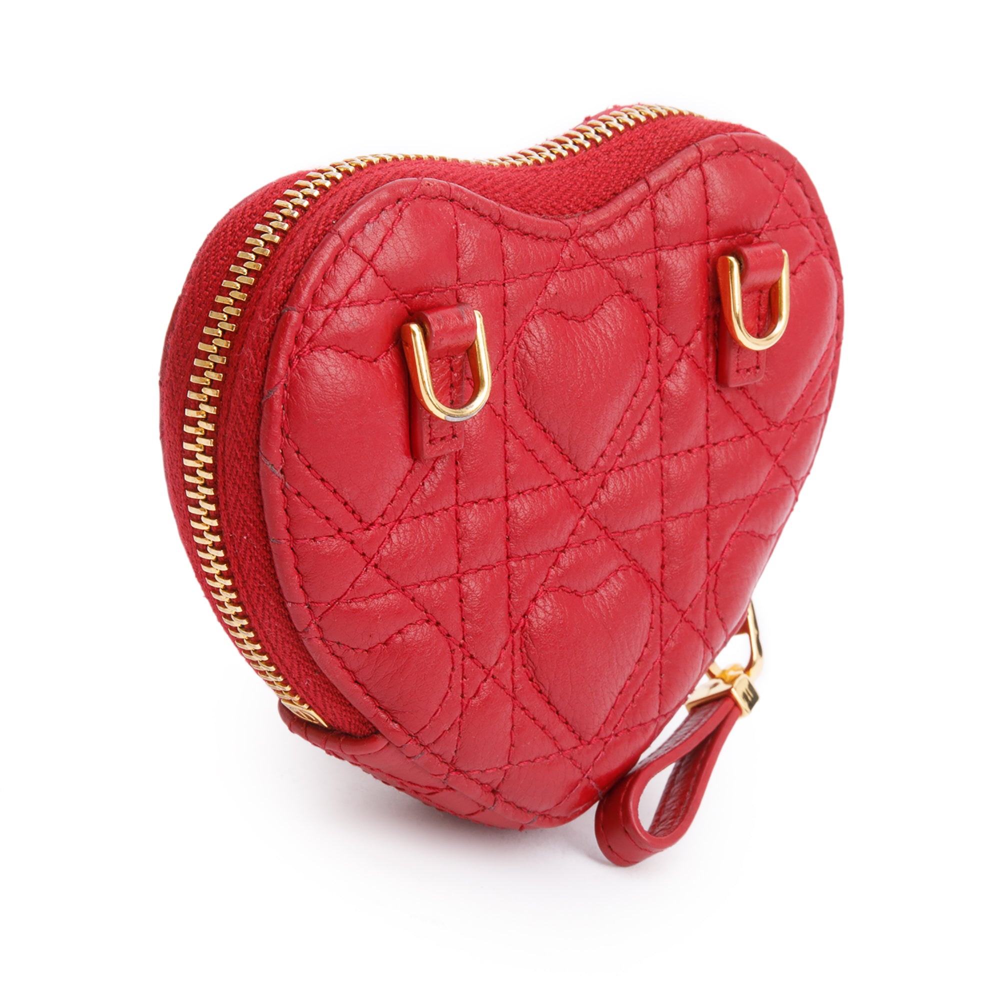 Christian Dior 2023 Red Cannage Calfskin Leather Dioramour Caro Heart Chain Pouch w/ Box
