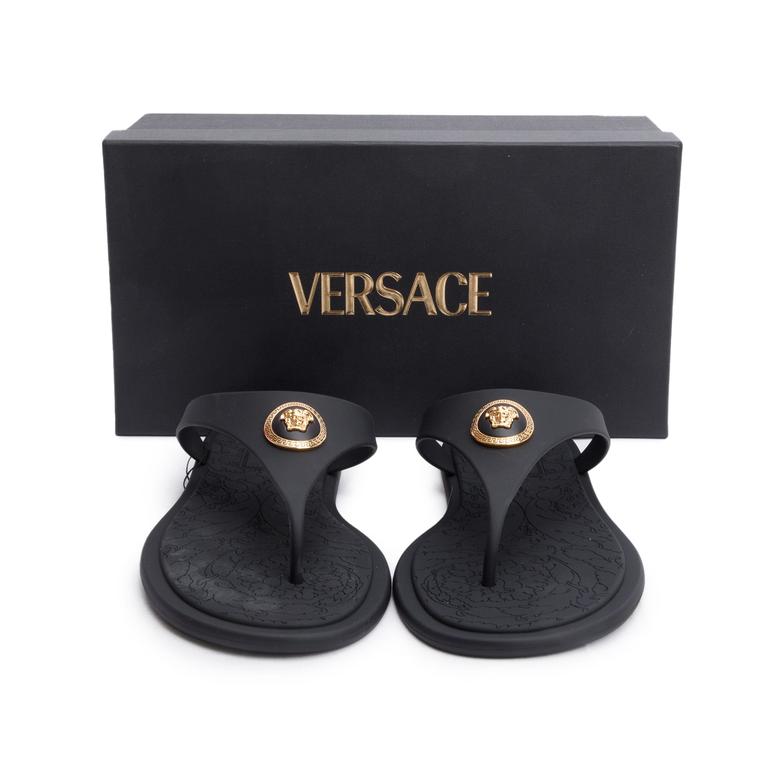 Versace Black Rubber Alia Flat Slides, Size 42 w/ Box