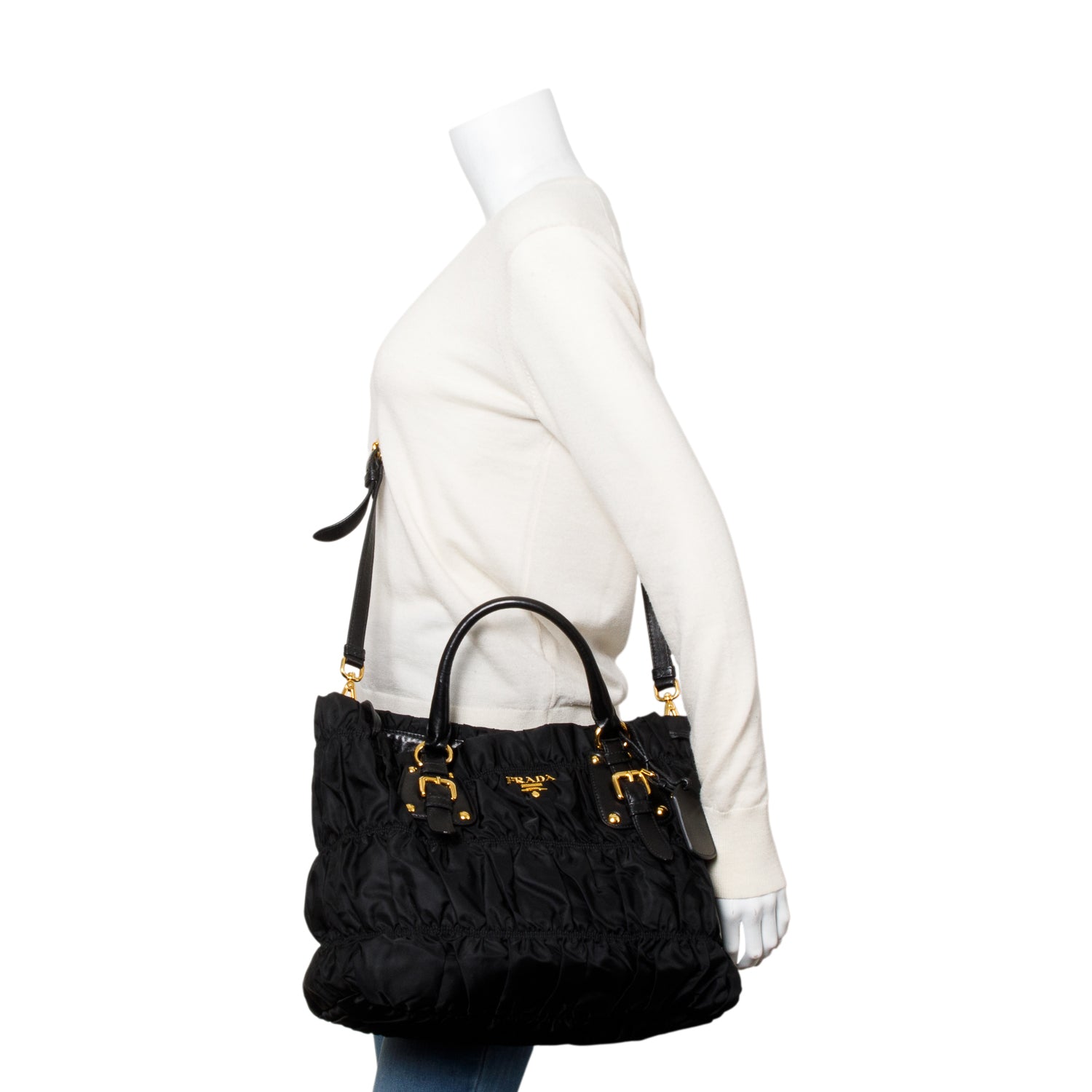 Prada Black Leather-Trimmed Tessuto Gaufre Tote w/ Strap