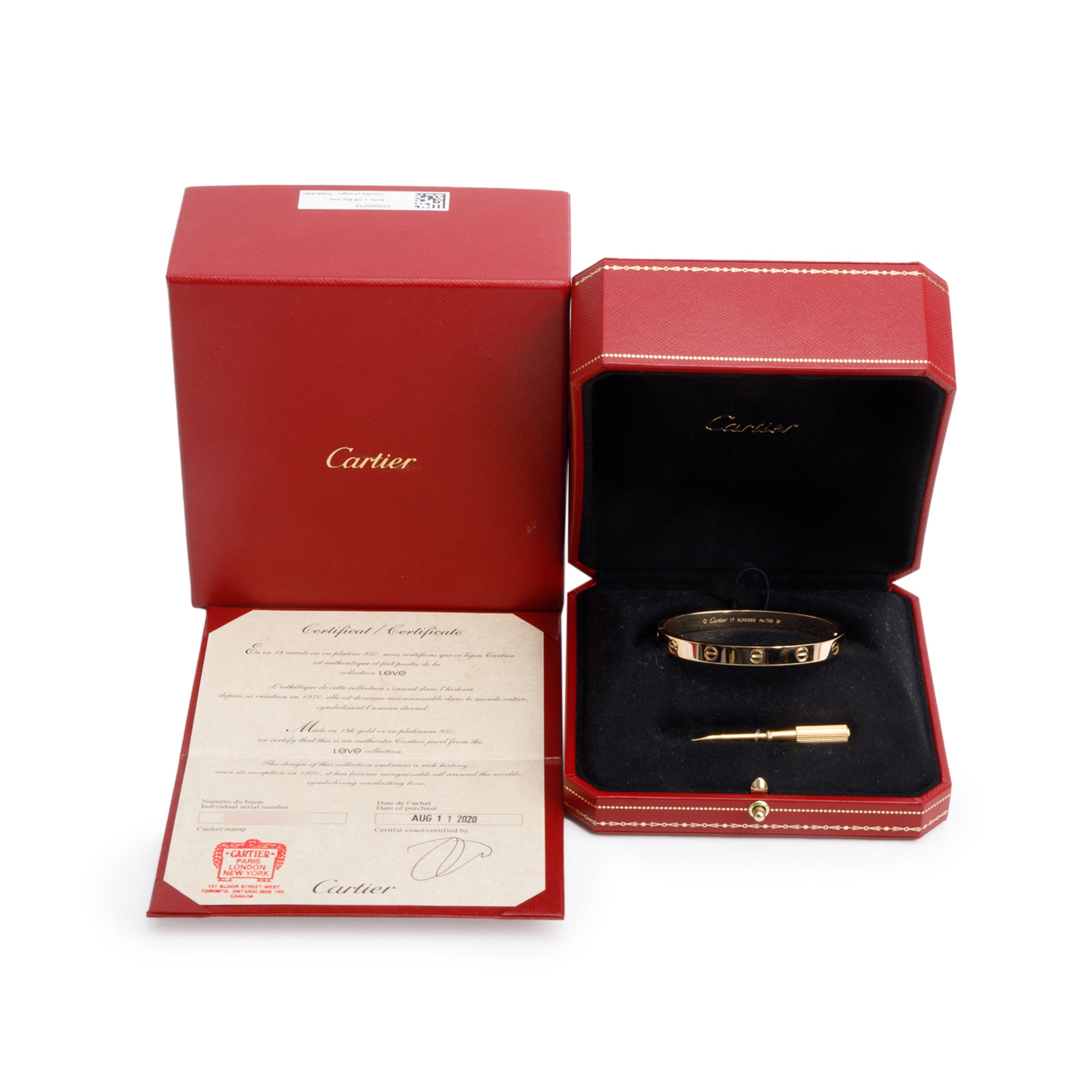 Cartier 18k Yellow Gold Love Bracelet, Size 17 w/ Box, Receipt & Certificate