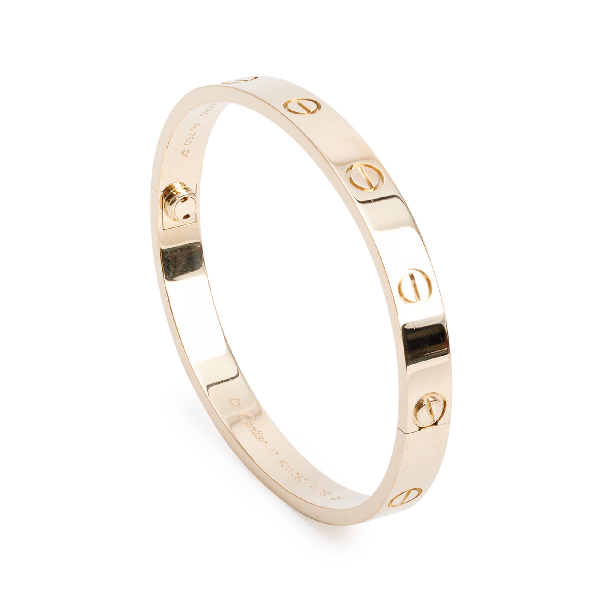 Cartier 18k Yellow Gold Love Bracelet, Size 17 w/ Box, Receipt & Certificate
