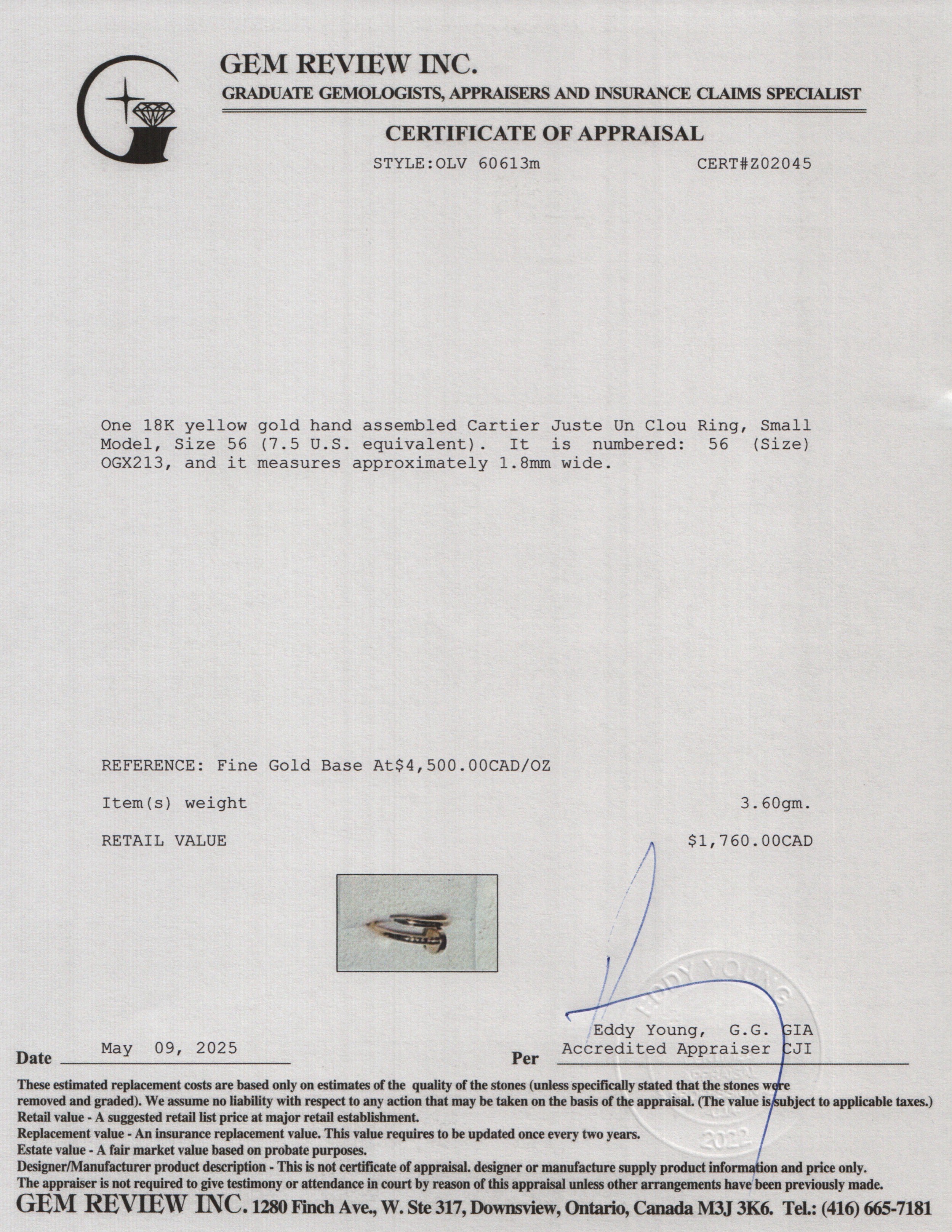 Cartier 18k Yellow Gold Juste Un Clou Ring, Small Model, Size 56 7.5 w/ Box & Certificate