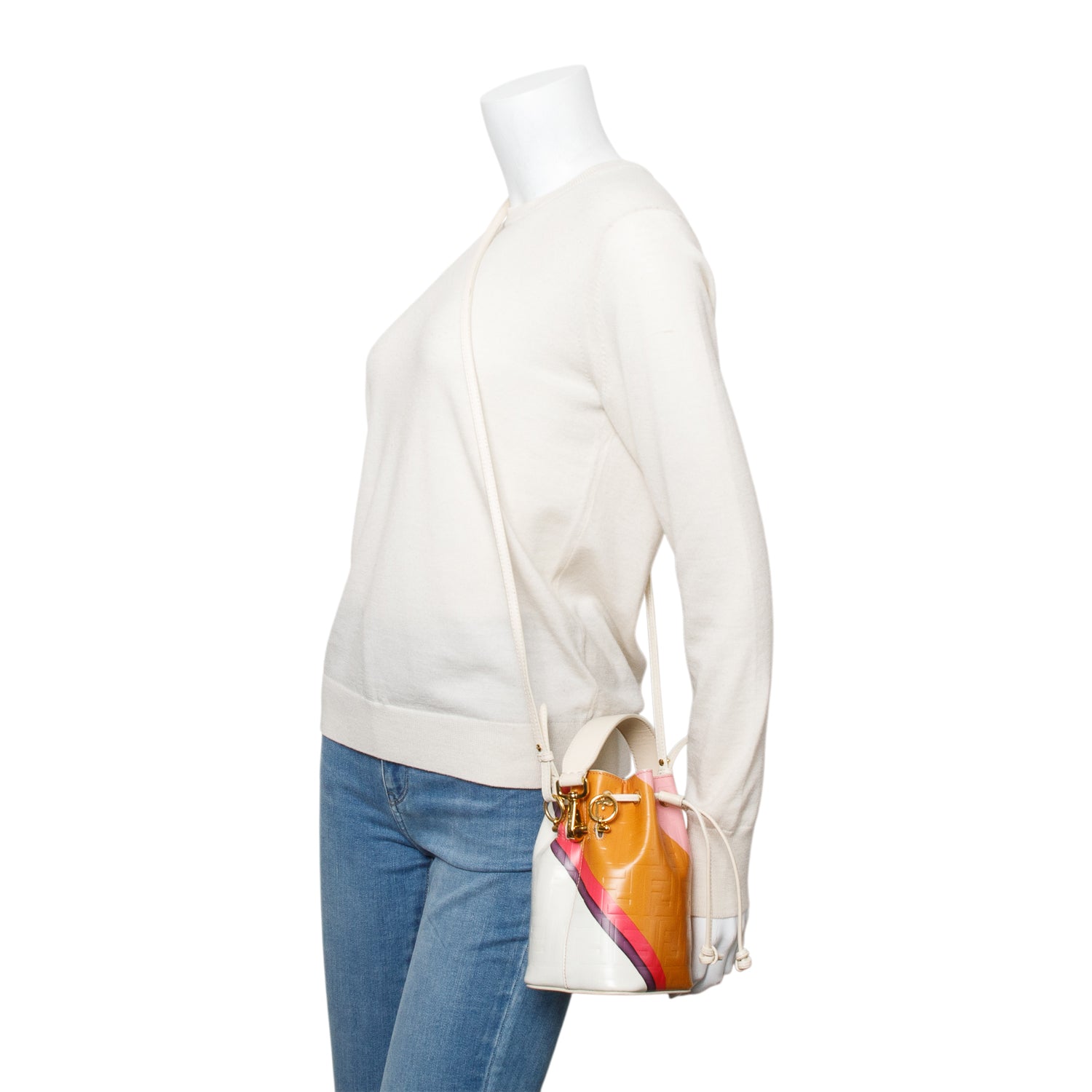 Fendi Multicolor FF Embossed Stripe Calfskin Leather Mini Mon Tresor Bucket Bag w/ Strap