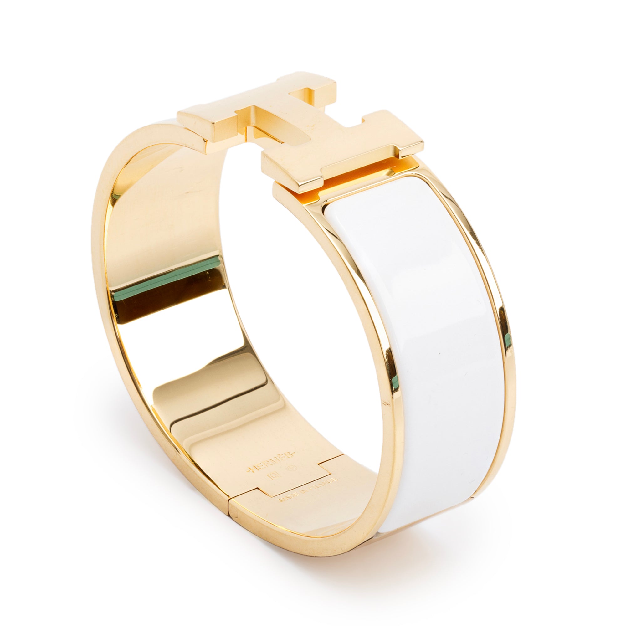 Hermes Gold-Plated White Enamel Clic Clac H Bracelet w/ Box & Receipt