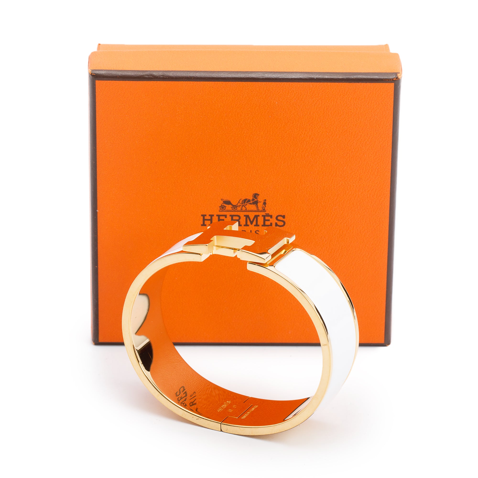 Hermes Gold-Plated White Enamel Clic Clac H Bracelet w/ Box & Receipt