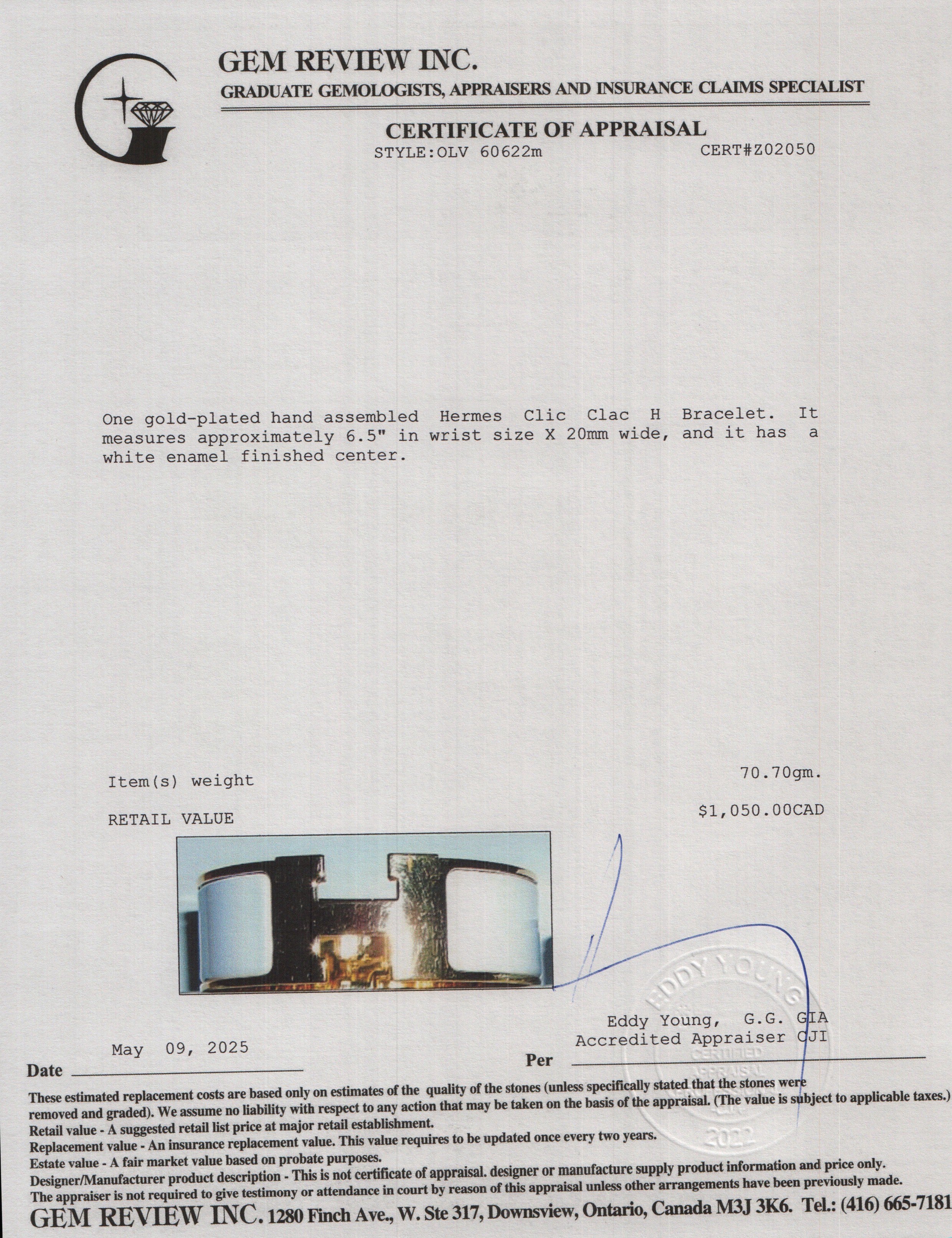 Hermes Gold-Plated White Enamel Clic Clac H Bracelet w/ Box & Receipt