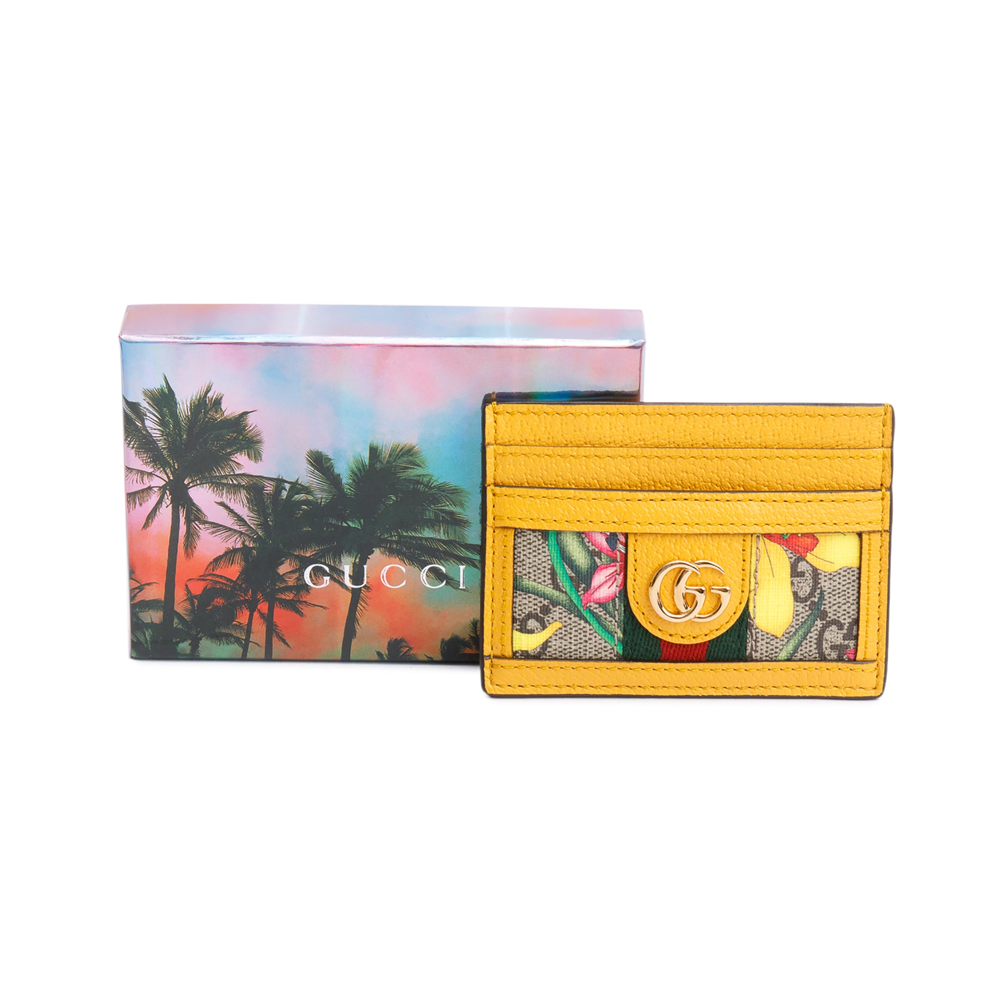 Gucci Yellow Calfskin Leather Flora Ophidia Card Holder w/ Box